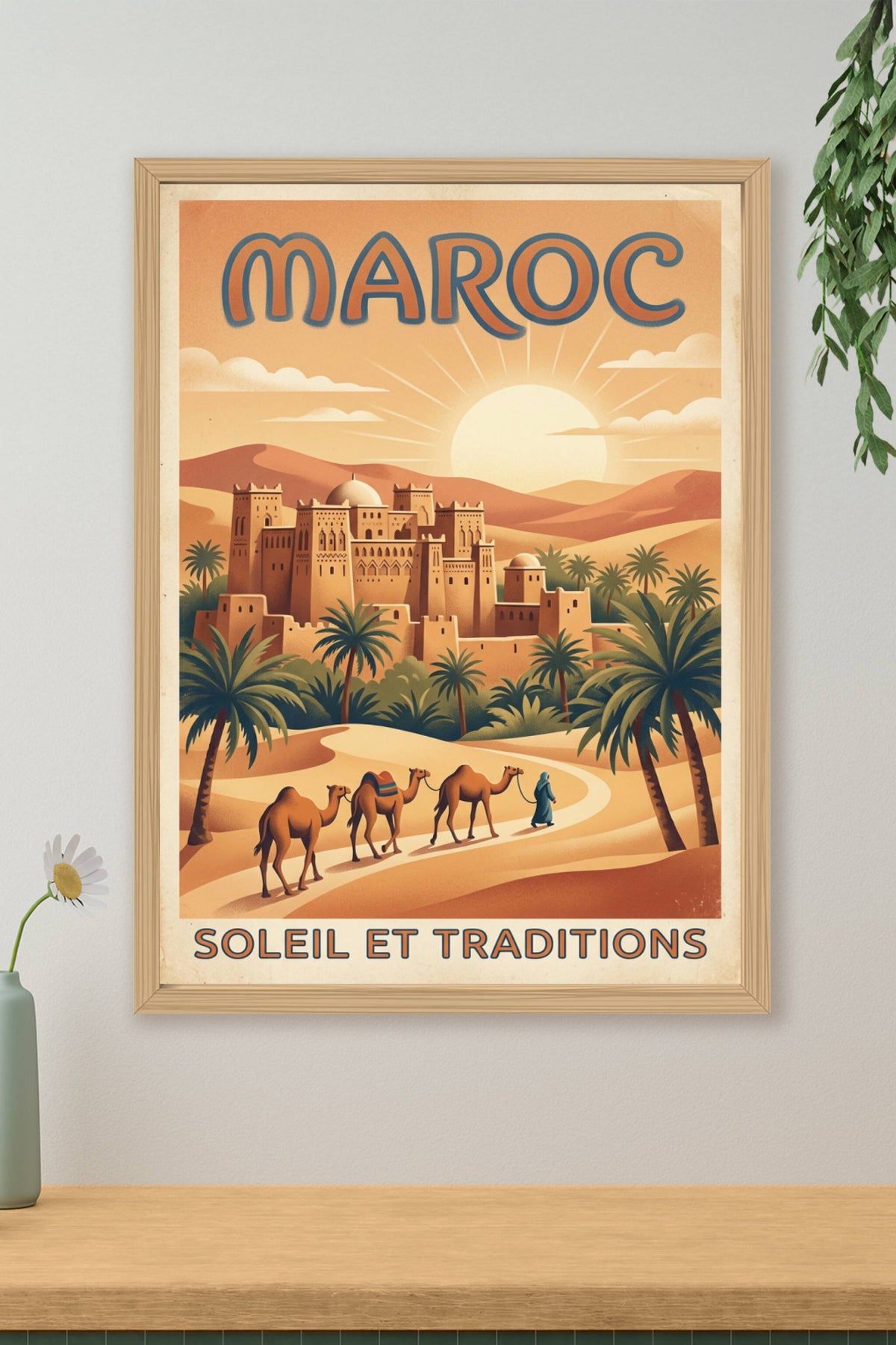 Affiche du Maroc, kasbah et dromadaires