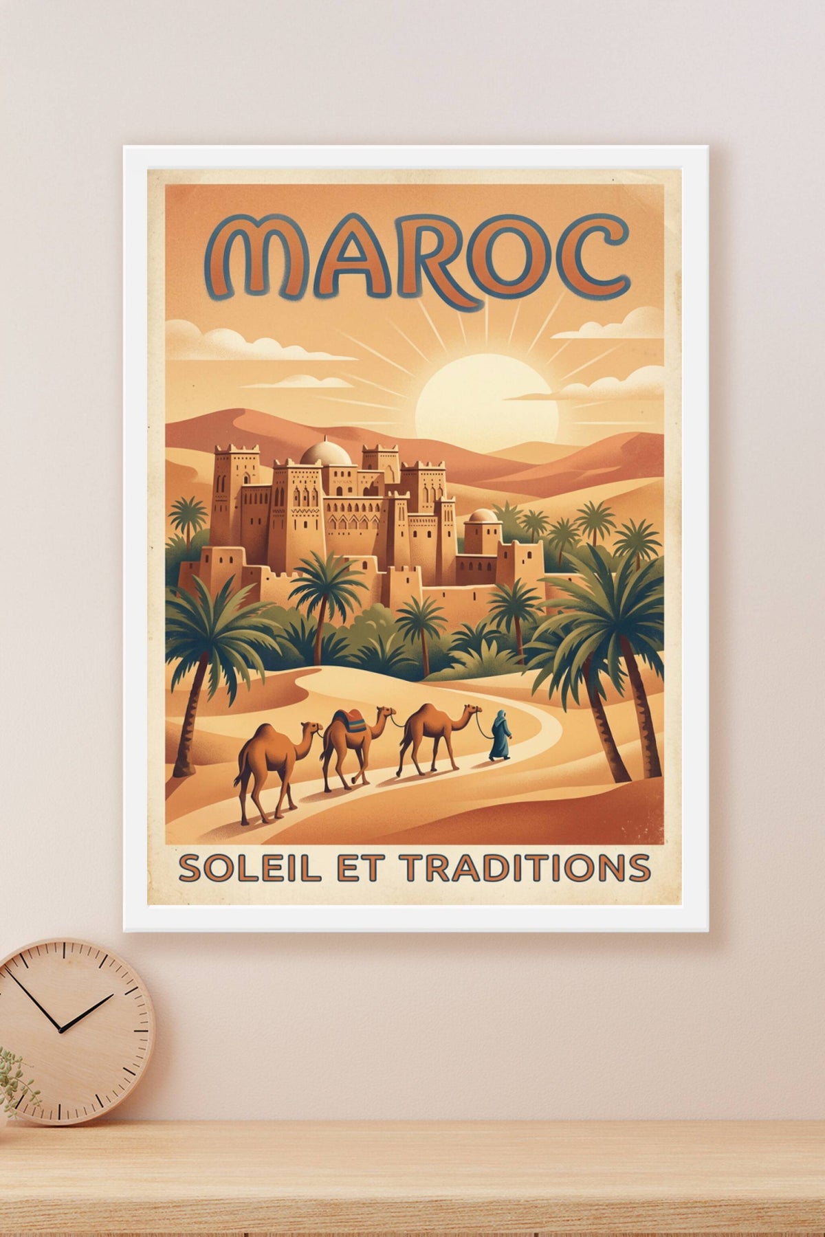 Affiche du Maroc, kasbah et dromadaires