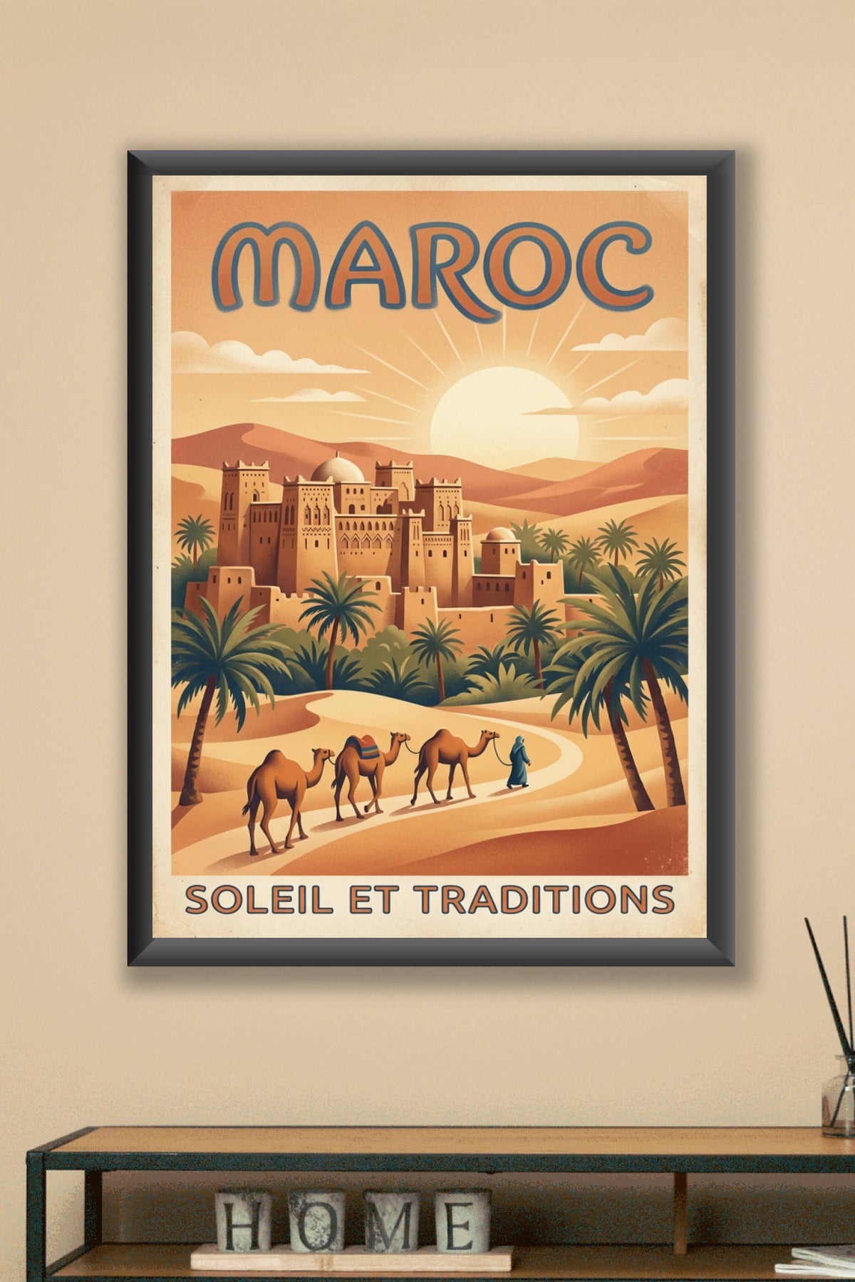 Affiche du Maroc, kasbah et dromadaires
