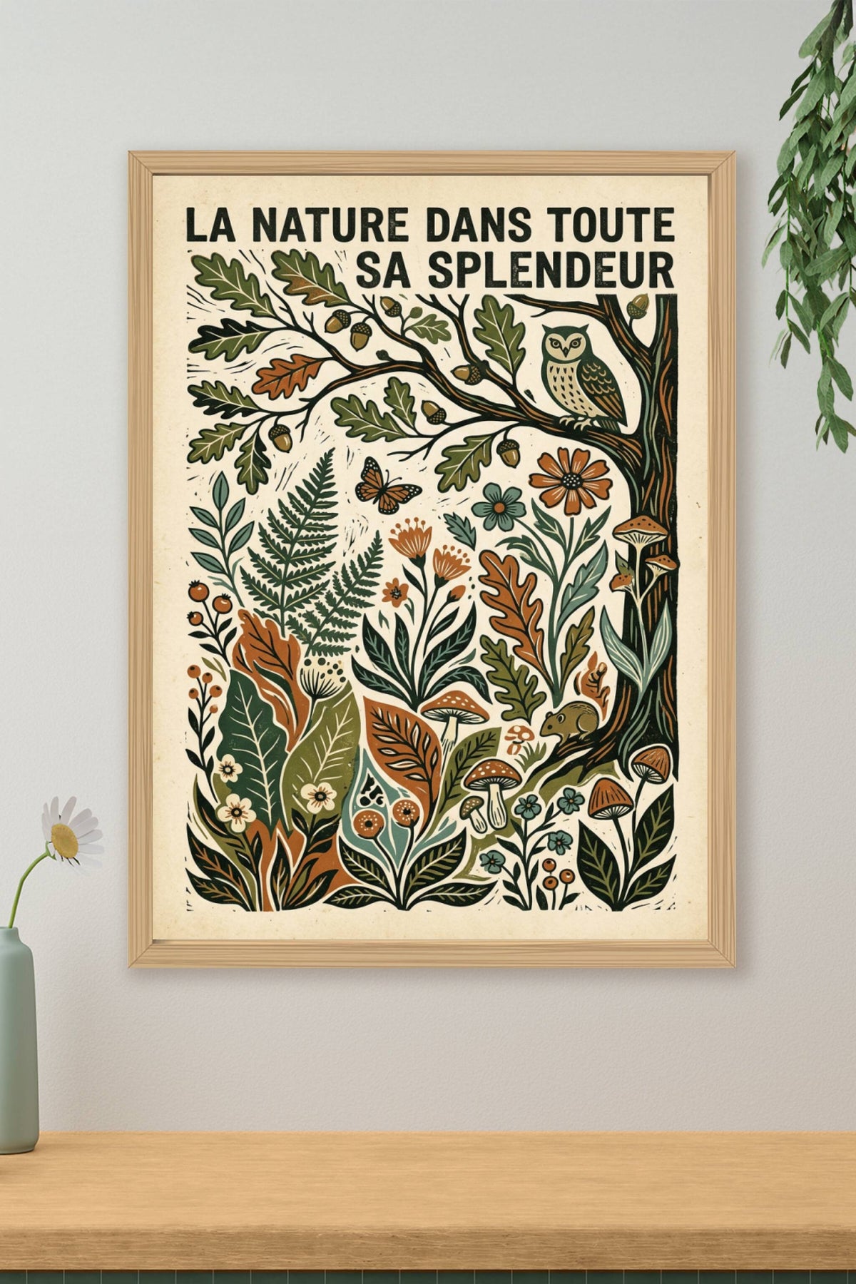 Affiche nature vintage, style linogravure