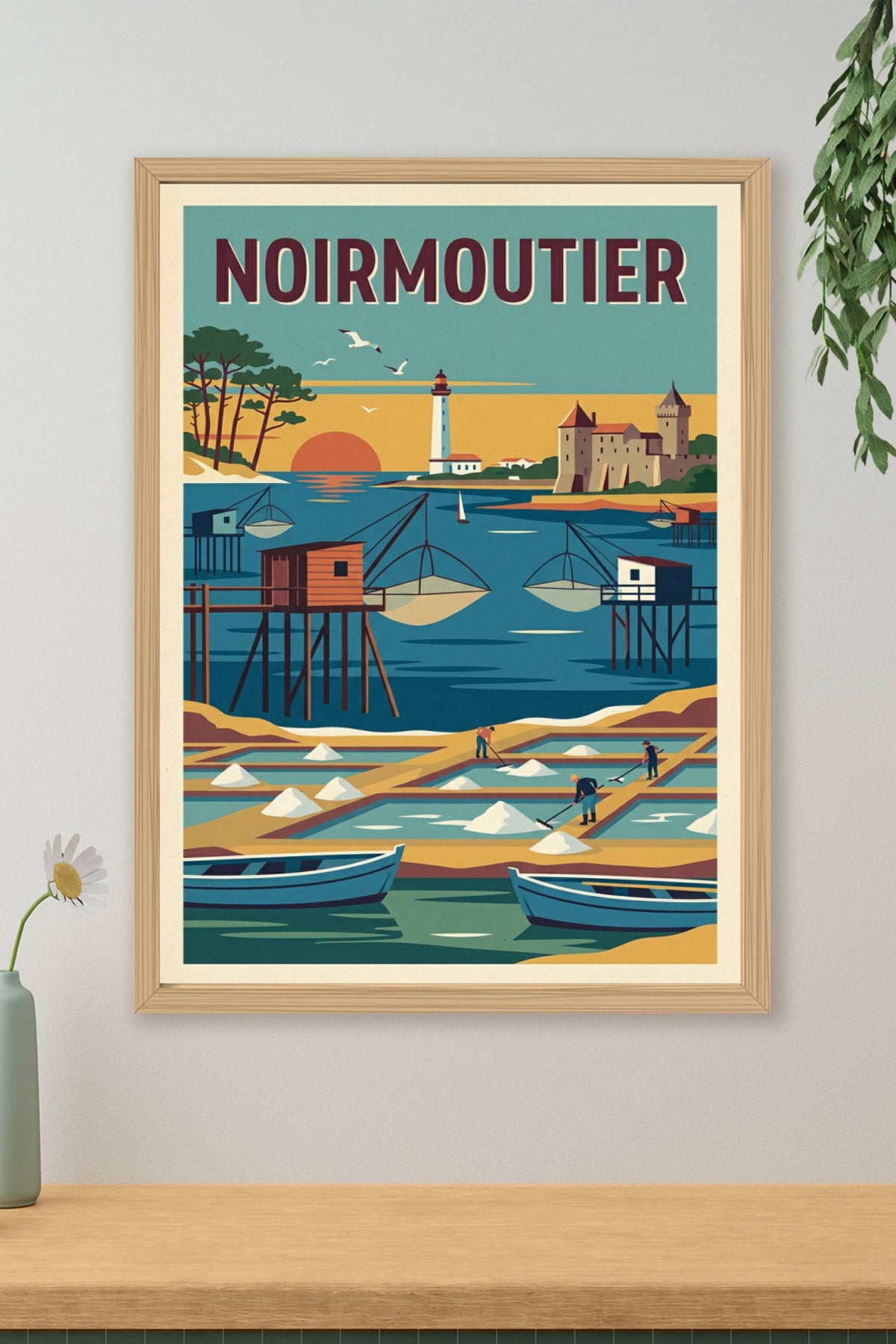 Affiche Noirmoutier, dessin vintage marais salants