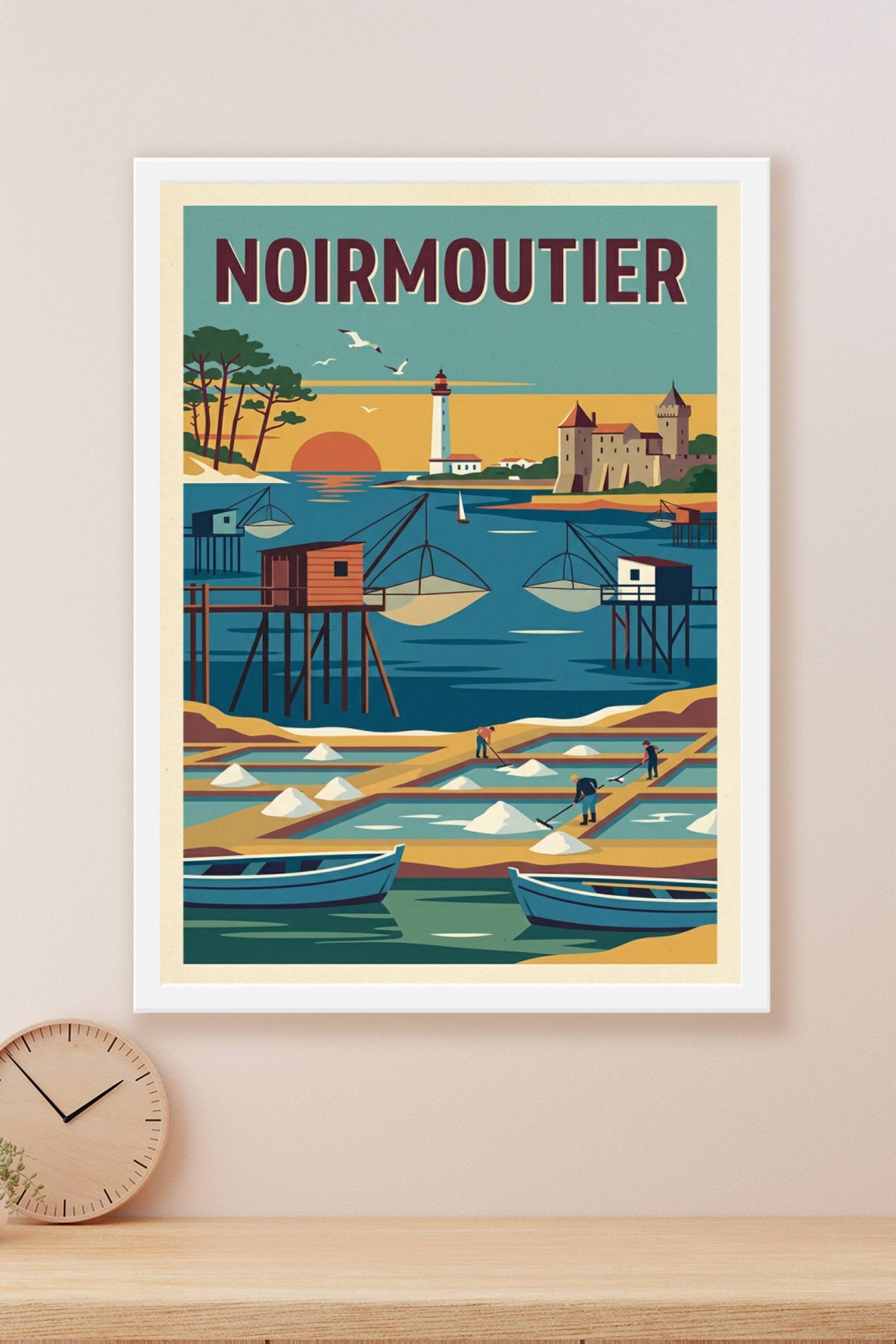 Affiche Noirmoutier, dessin vintage marais salants