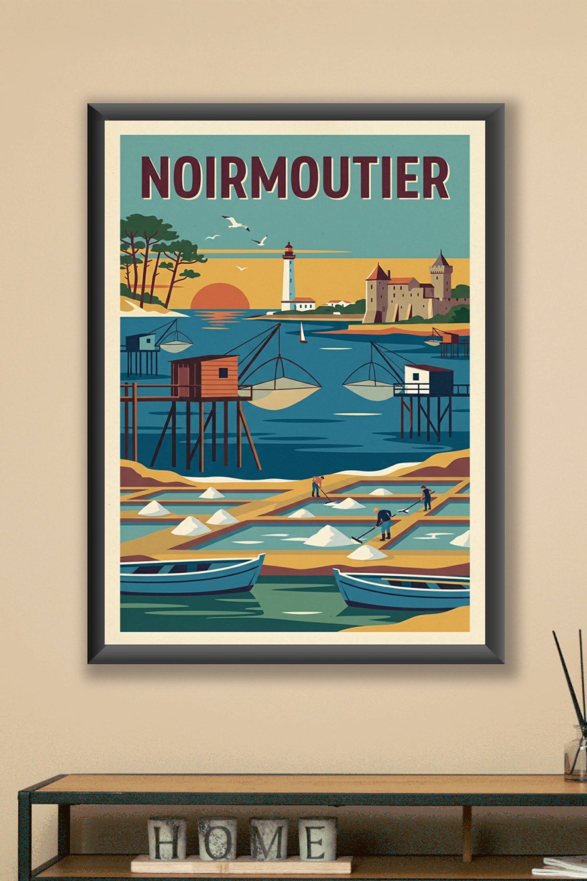 Affiche Noirmoutier, dessin vintage marais salants