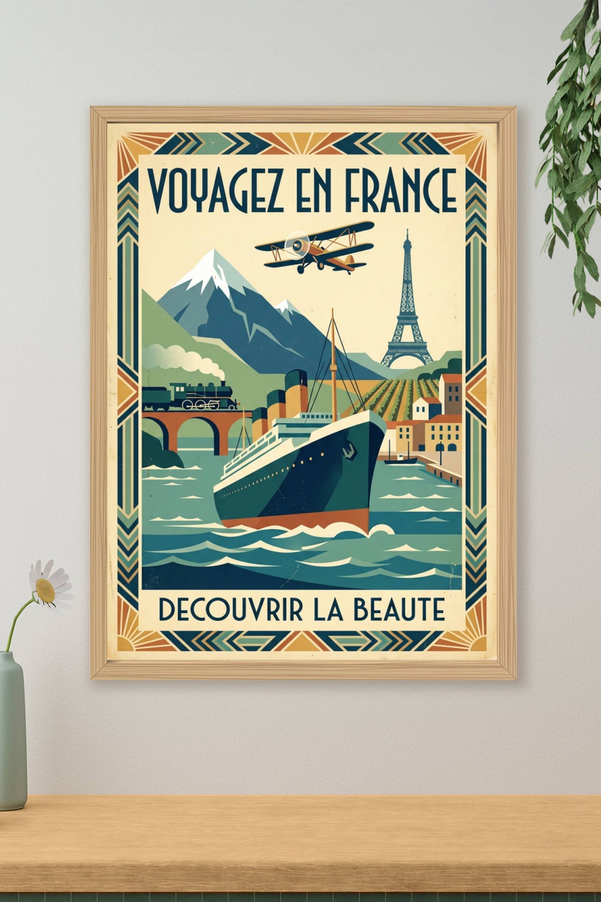 Affiche Voyage en France, paquebot vintage