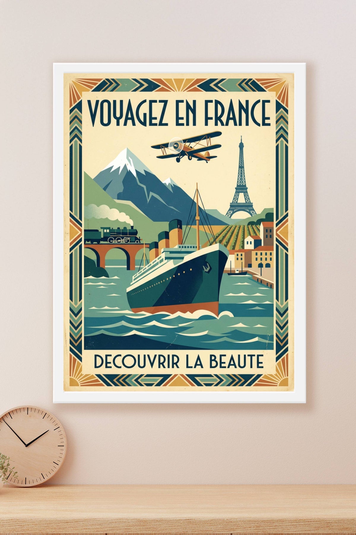 Affiche Voyage en France, paquebot vintage