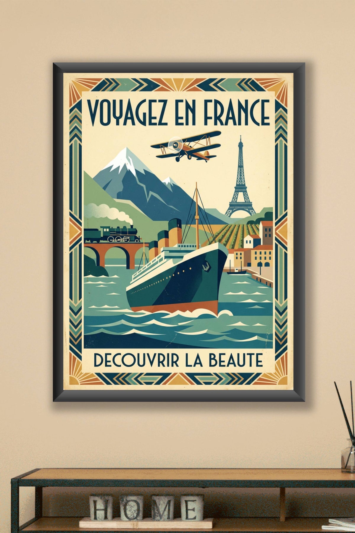 Affiche Voyage en France, paquebot vintage