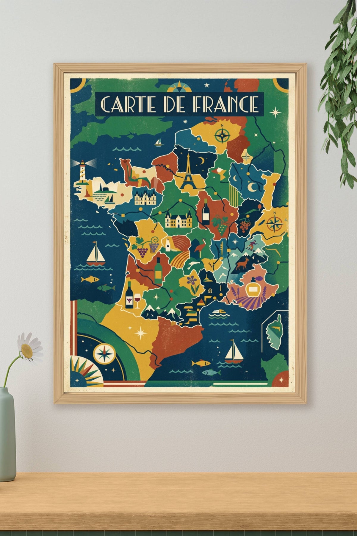 Affiche de France vintage, poster carte de France