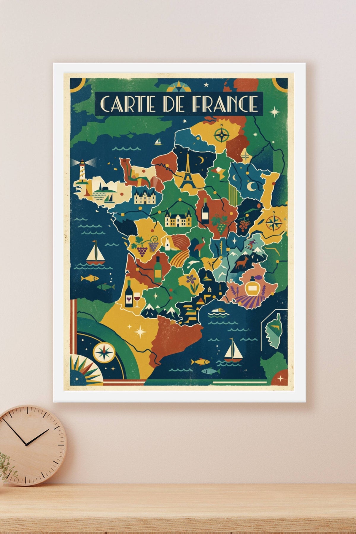 Affiche de France vintage, poster carte de France