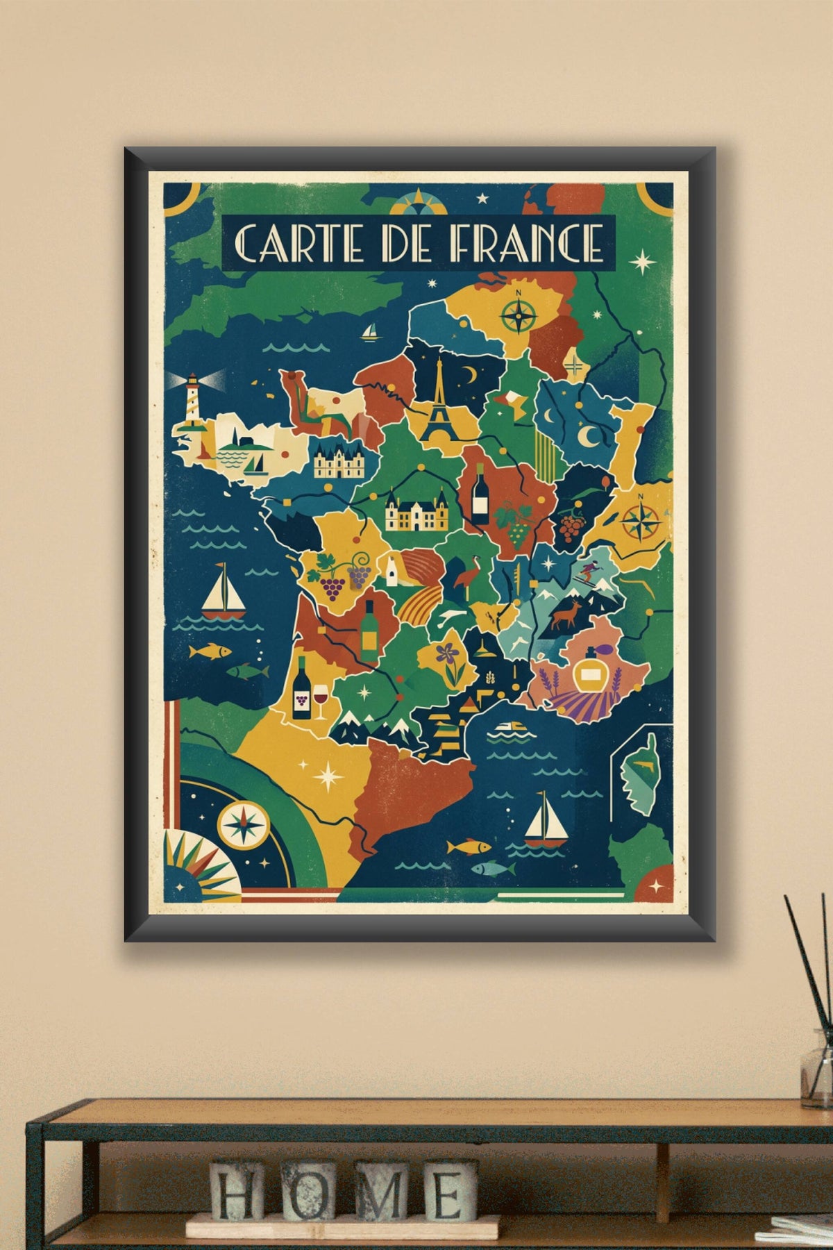 Affiche de France vintage, poster carte de France