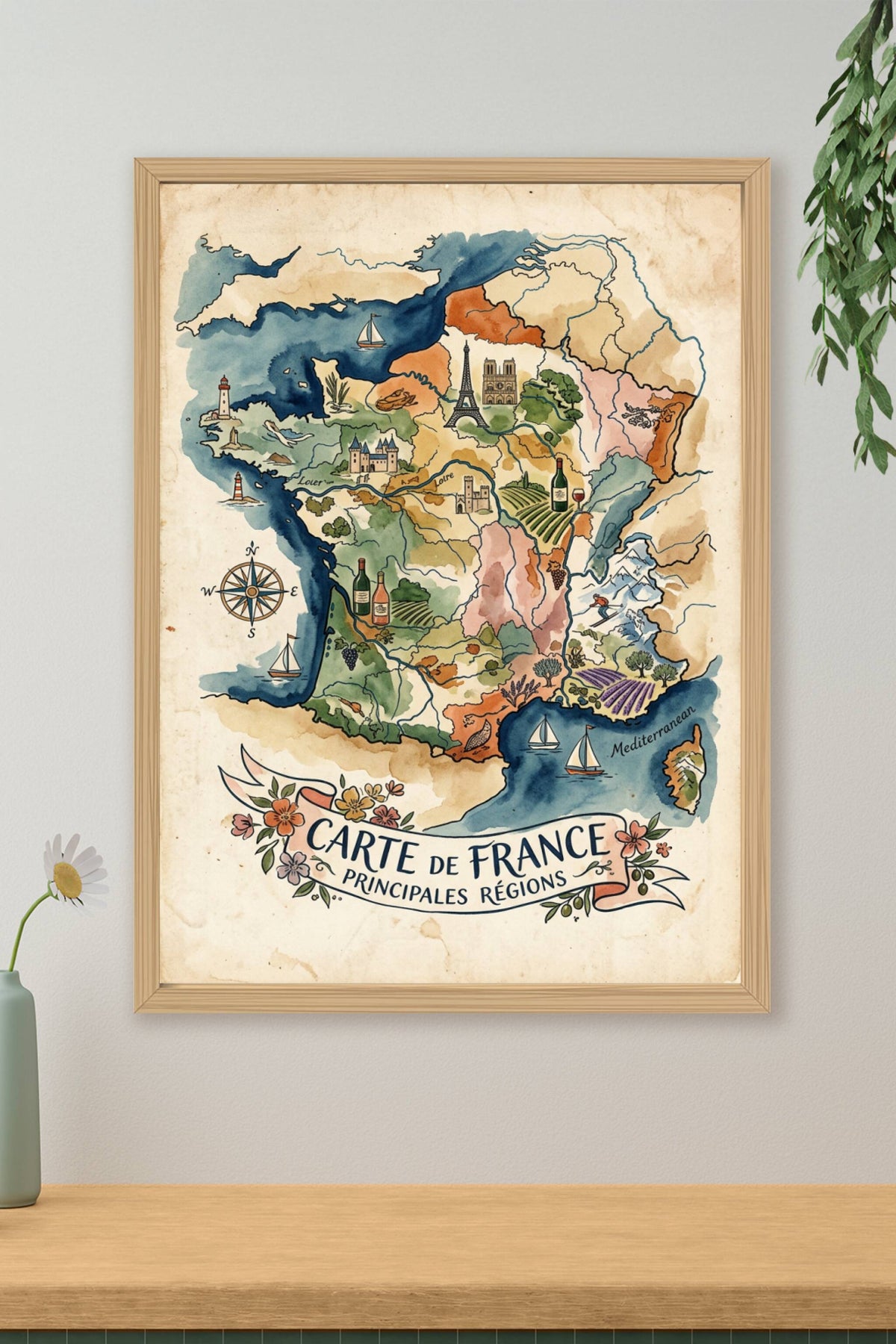 Affiche de la France vintage, carte illustrée