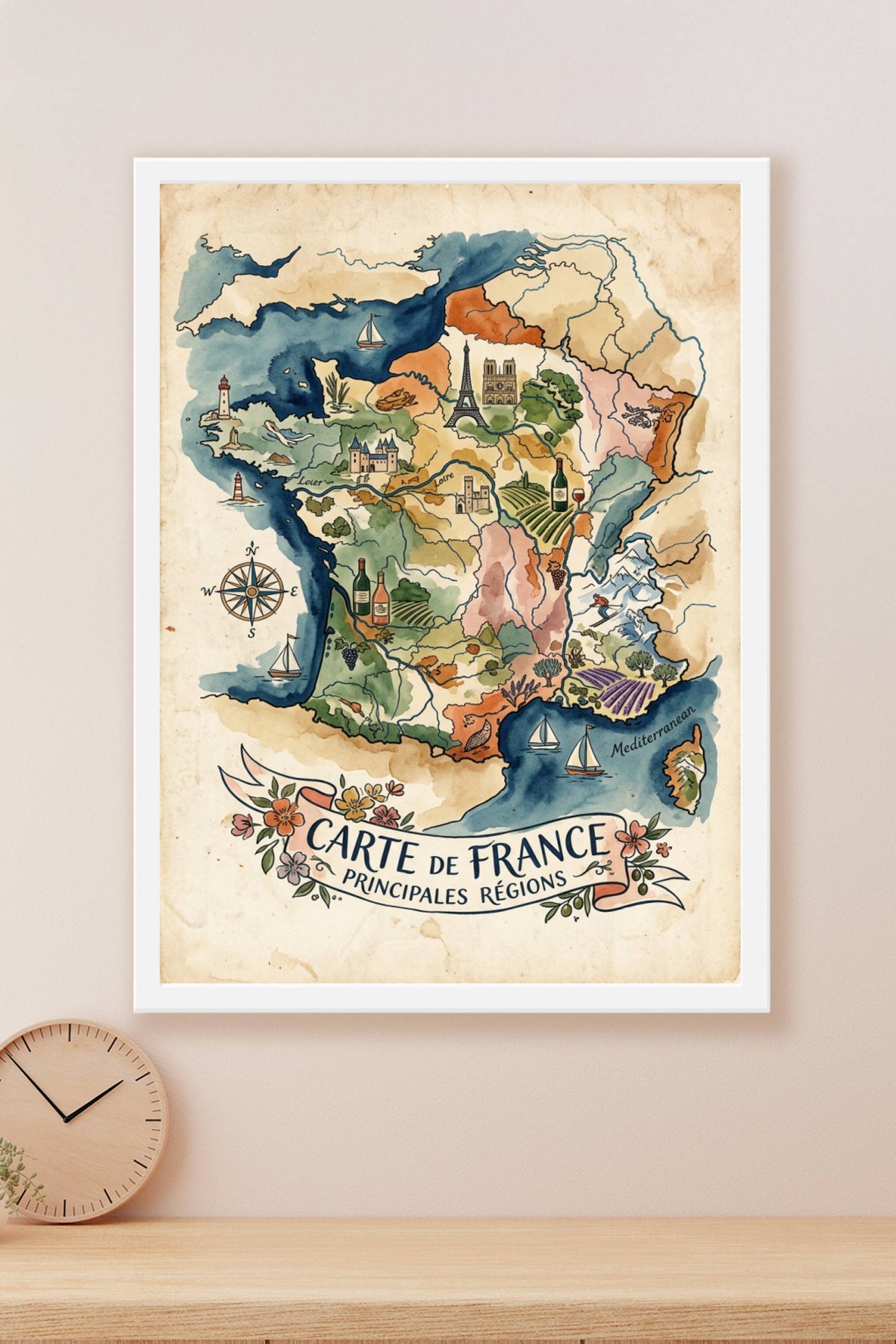 Affiche de la France vintage, carte illustrée