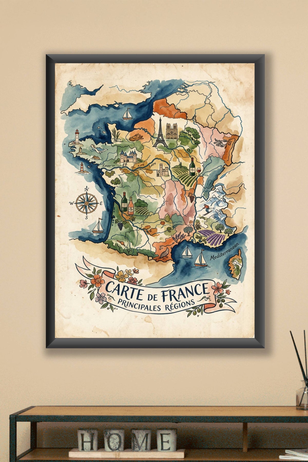 Affiche de la France vintage, carte illustrée