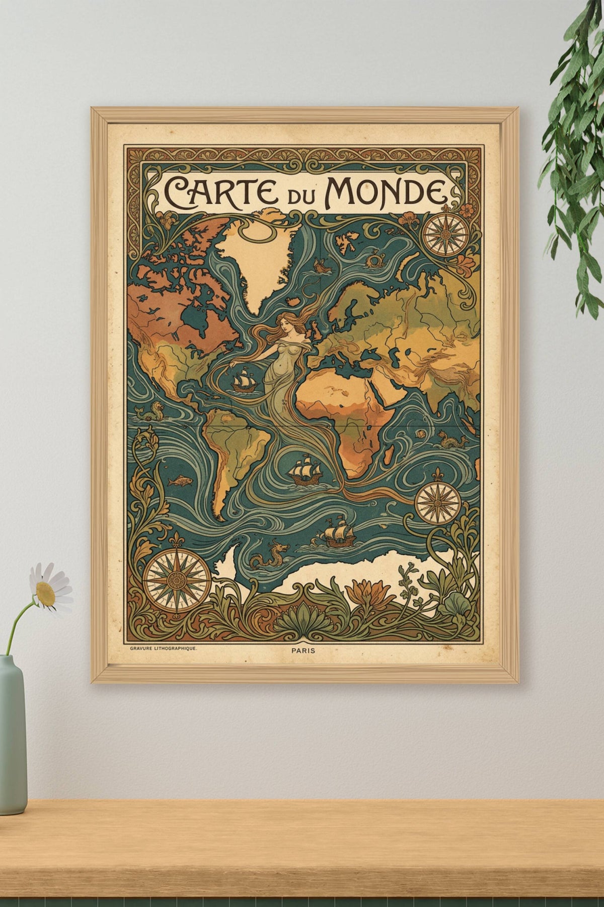 Affiche de la carte du monde, style vintage