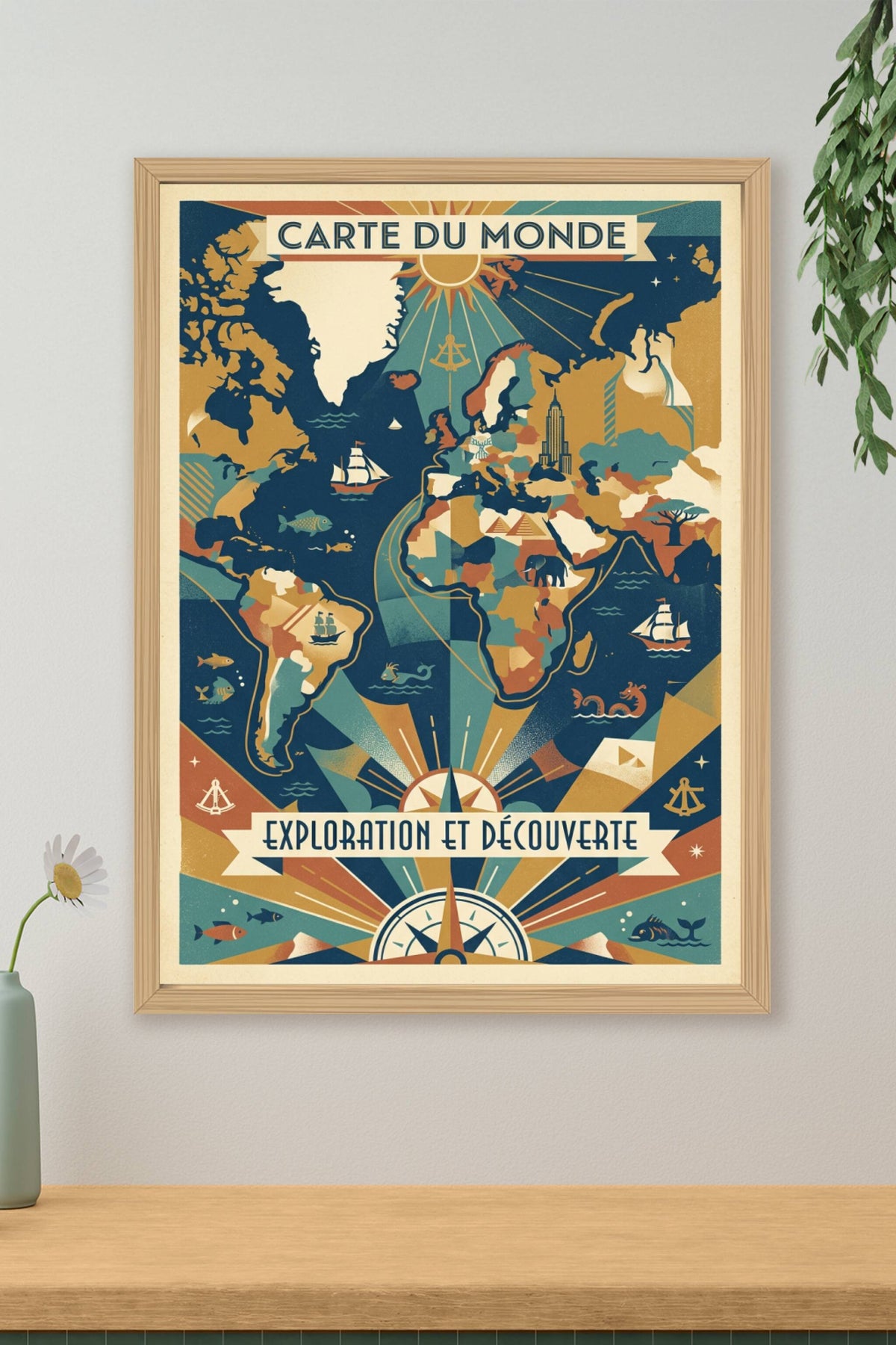 Affiche Carte du monde vintage, style exploration