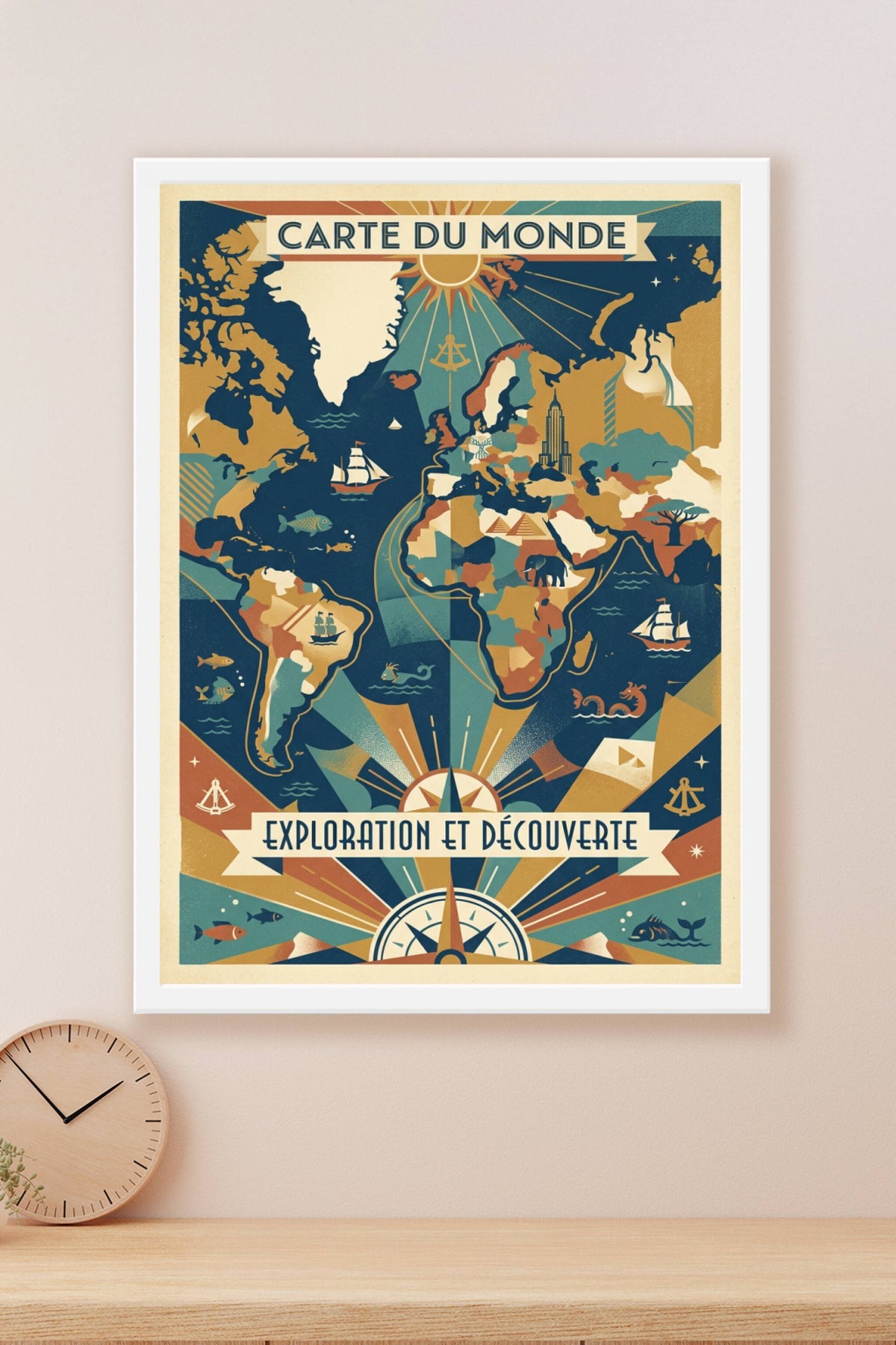 Affiche Carte du monde vintage, style exploration