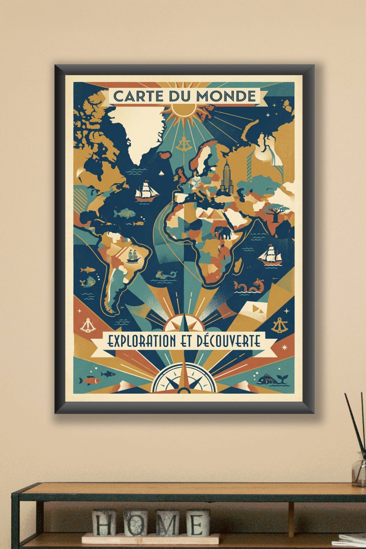 Affiche Carte du monde vintage, style exploration