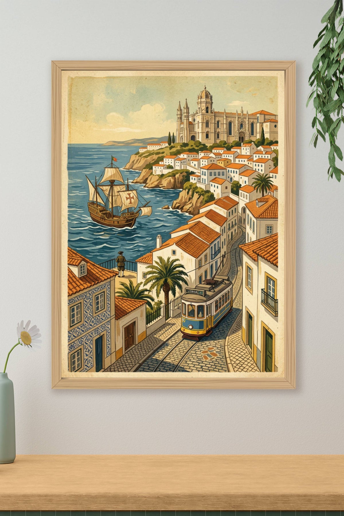 Affiche de Lisbonne vintage, tramway et caravelle