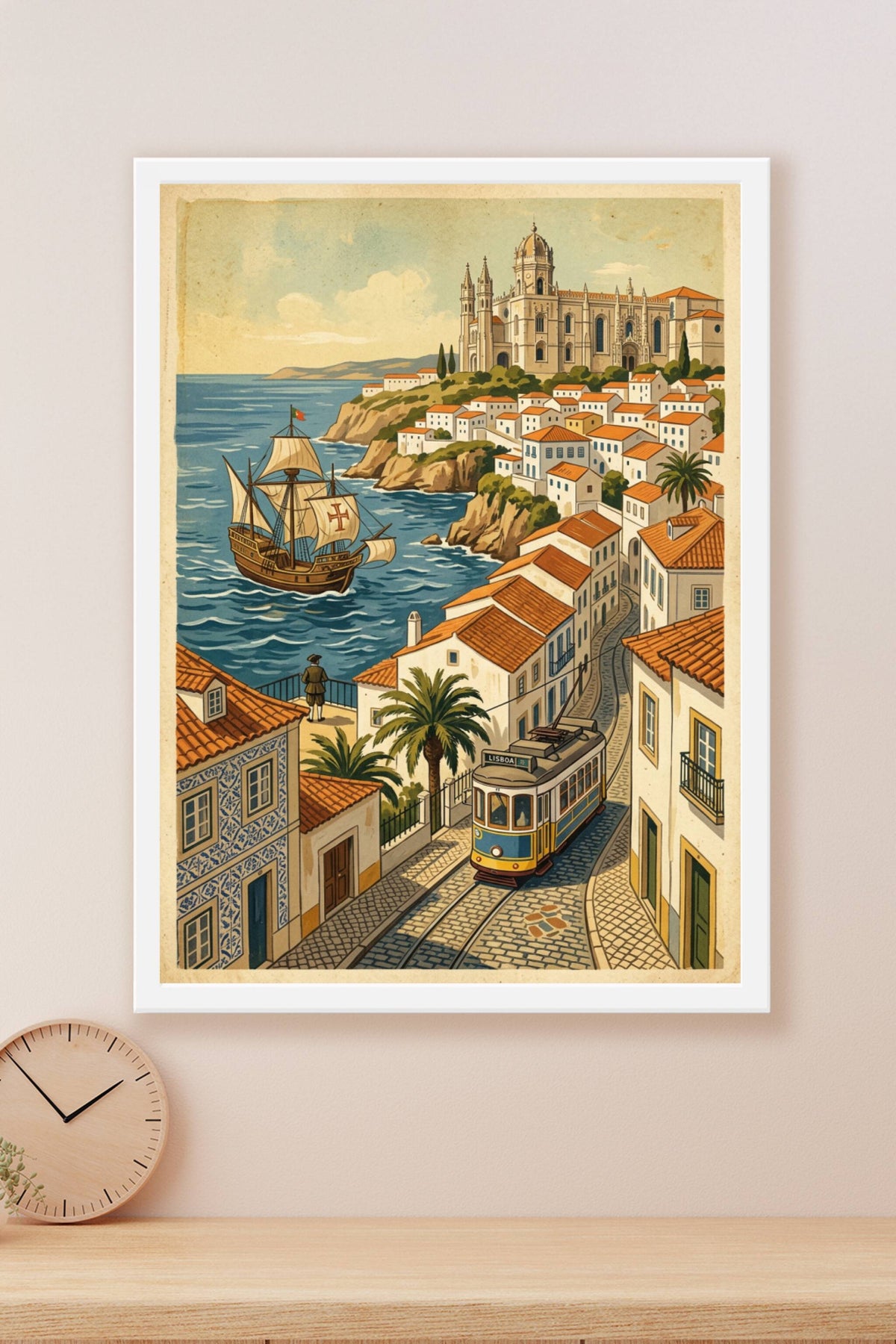 Affiche de Lisbonne vintage, tramway et caravelle