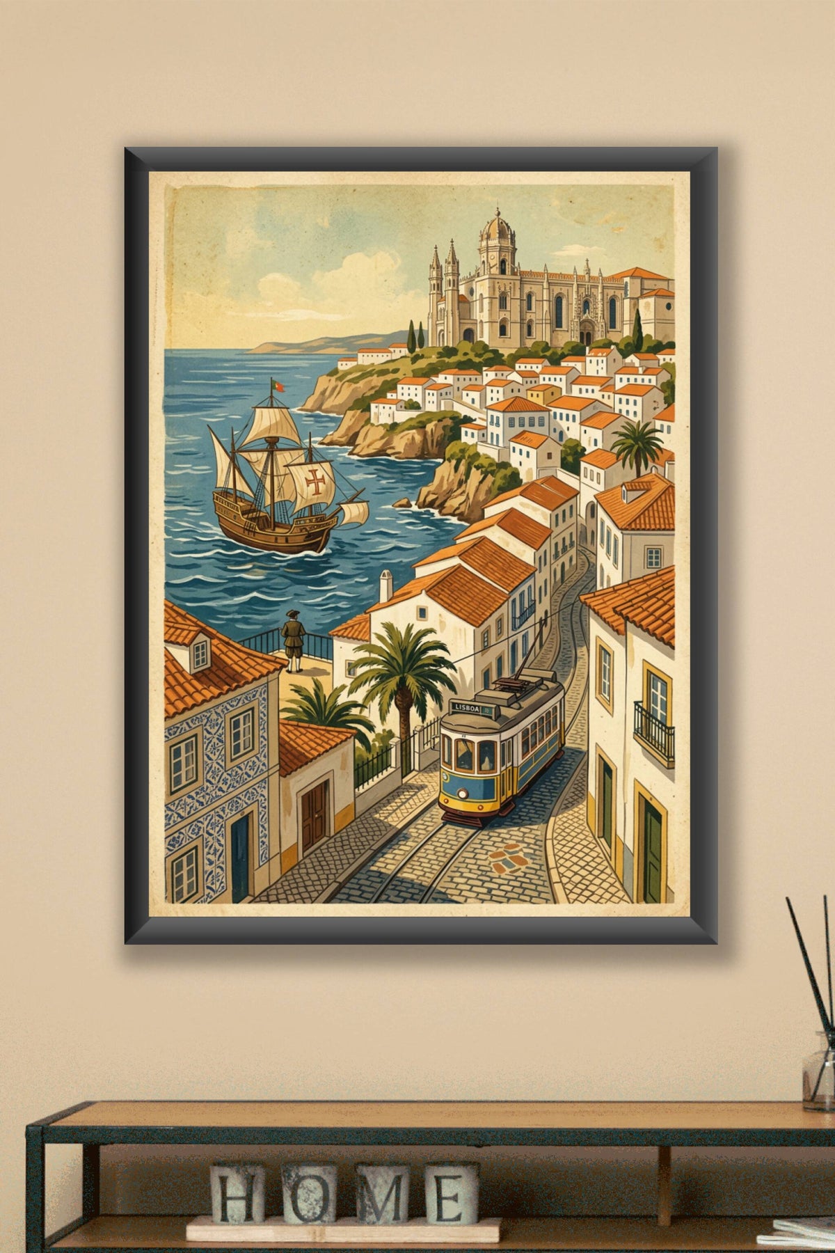 Affiche de Lisbonne vintage, tramway et caravelle