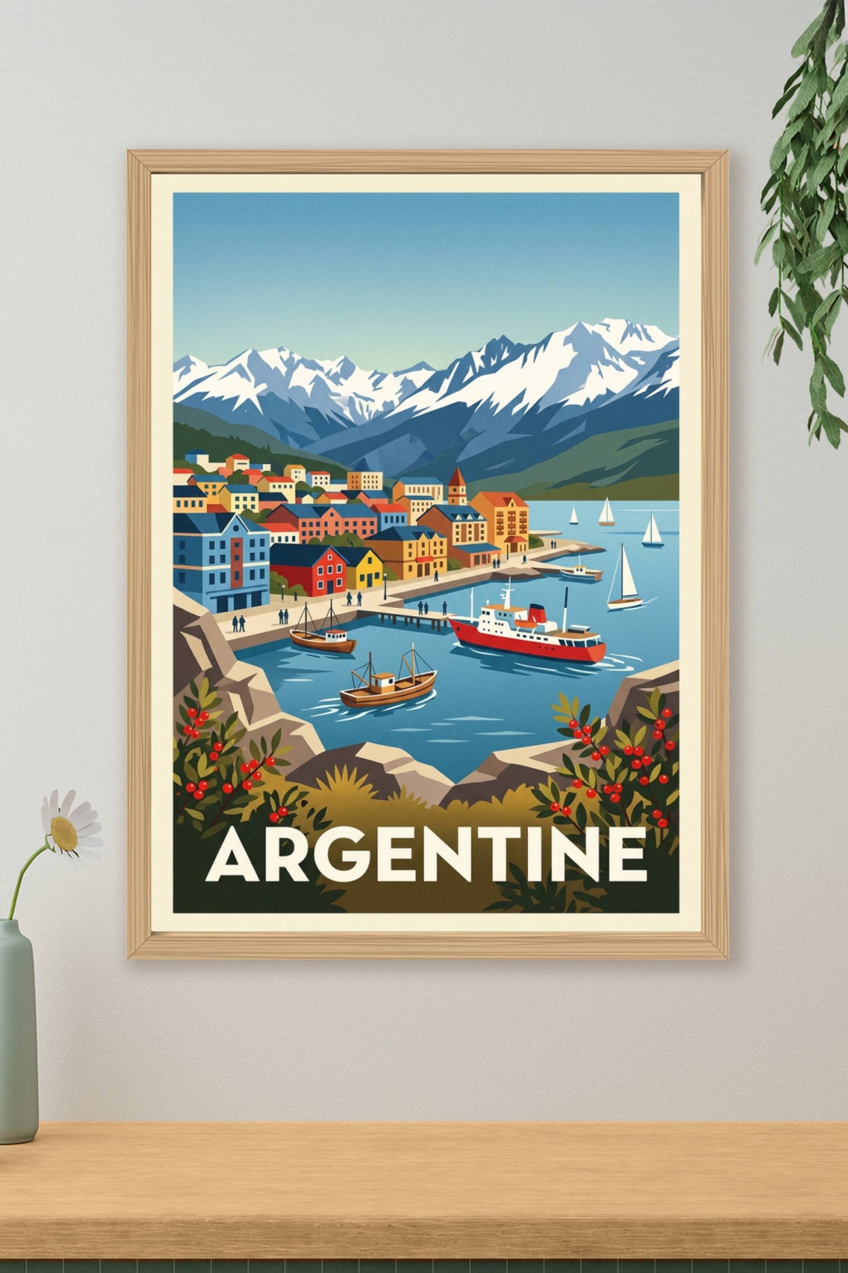Affiche d'Argentine, port et sommets enneigés
