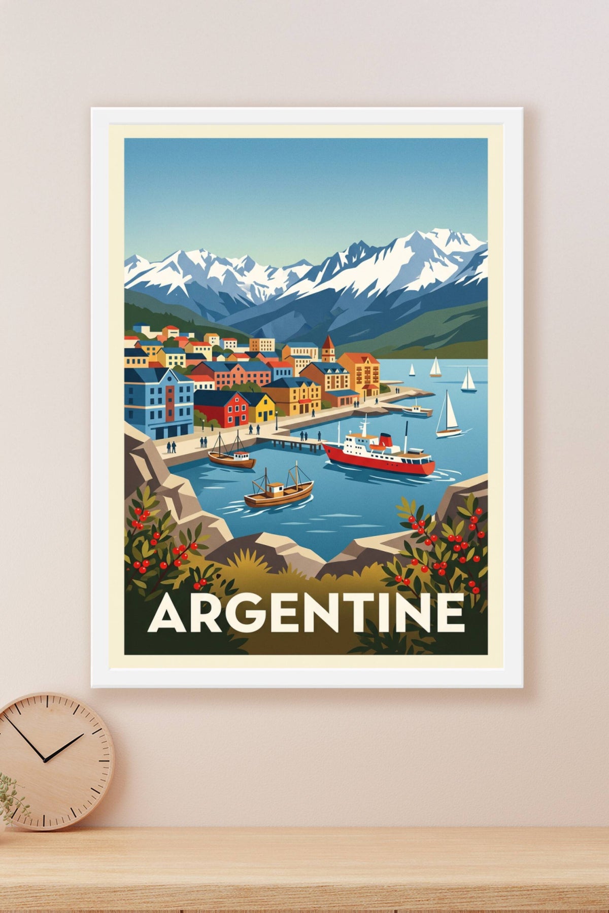 Affiche d'Argentine, port et sommets enneigés