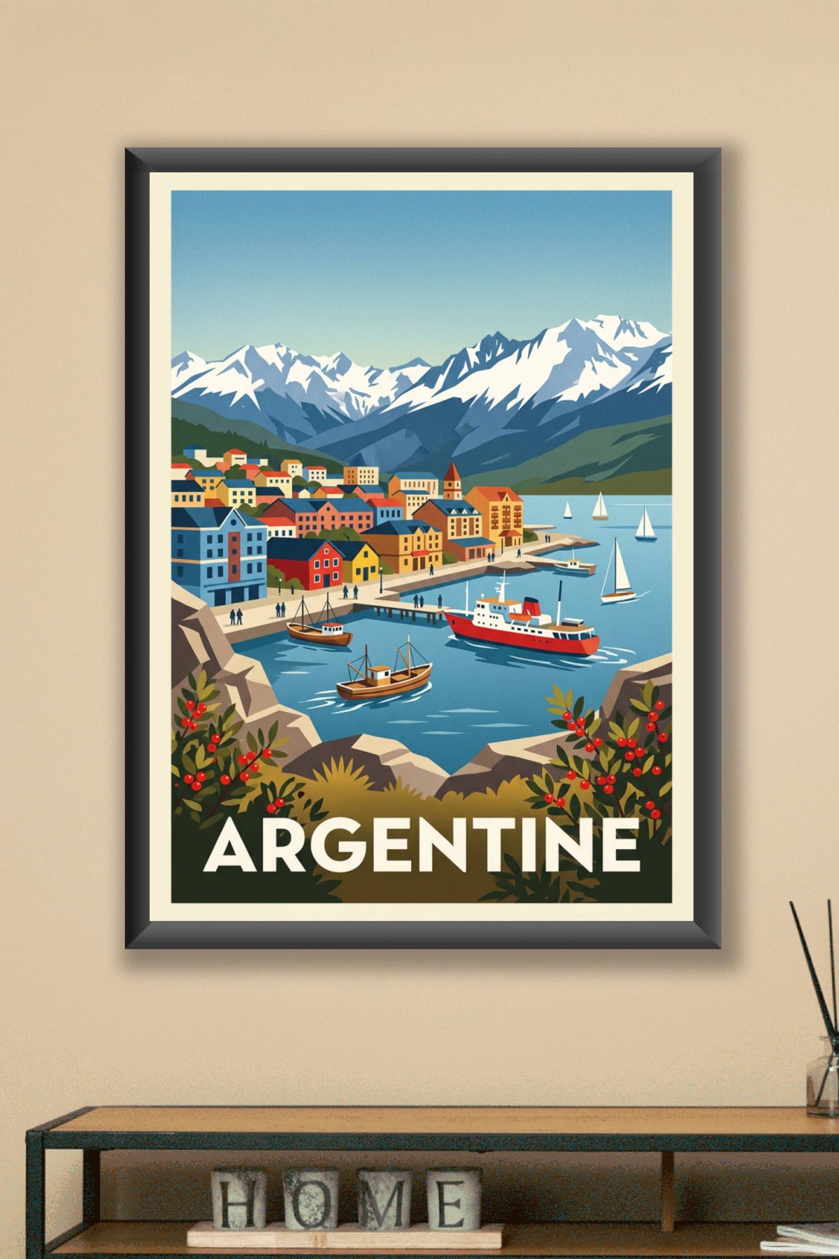 Affiche d'Argentine, port et sommets enneigés