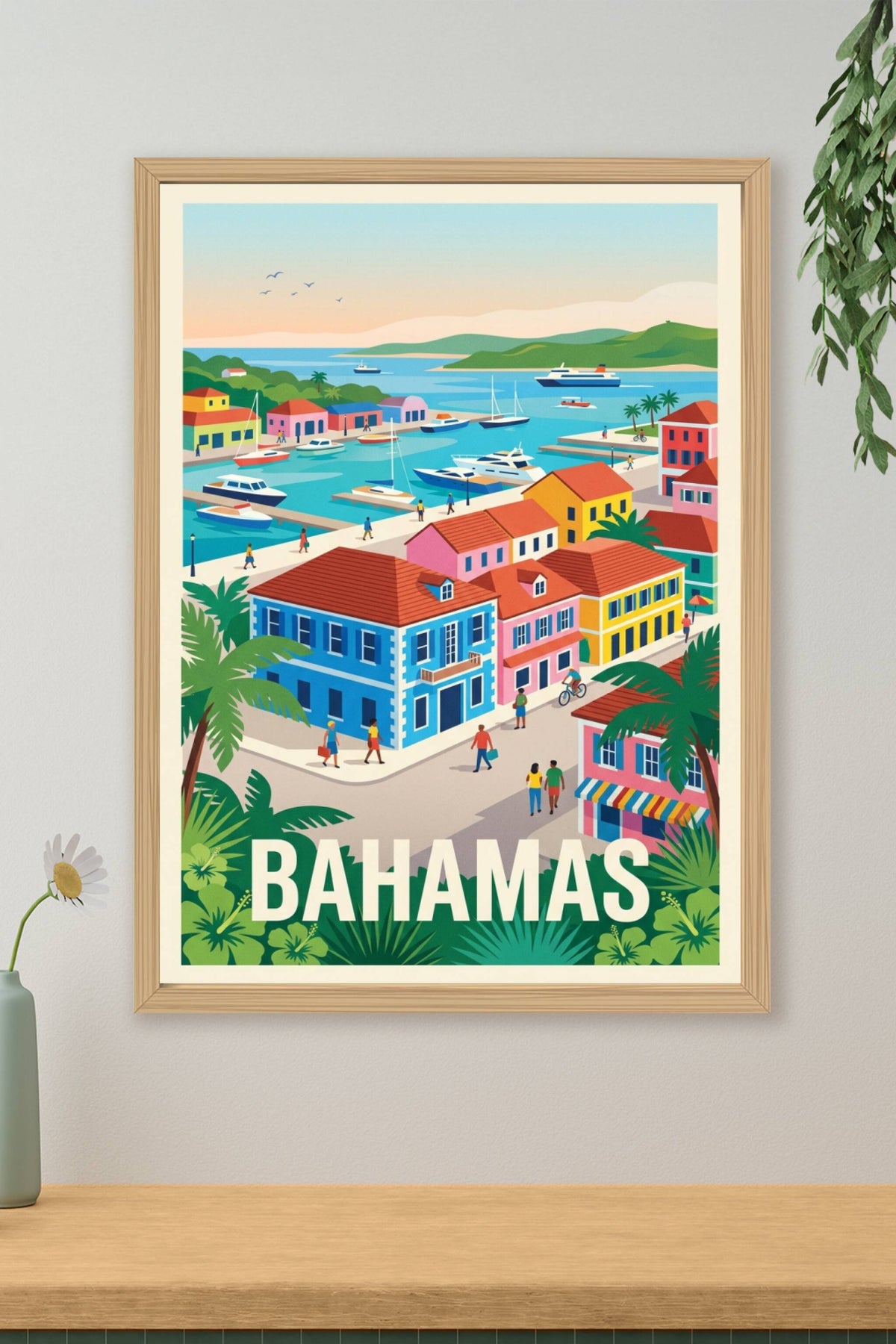 Affiche des Bahamas, maisons colorées et port