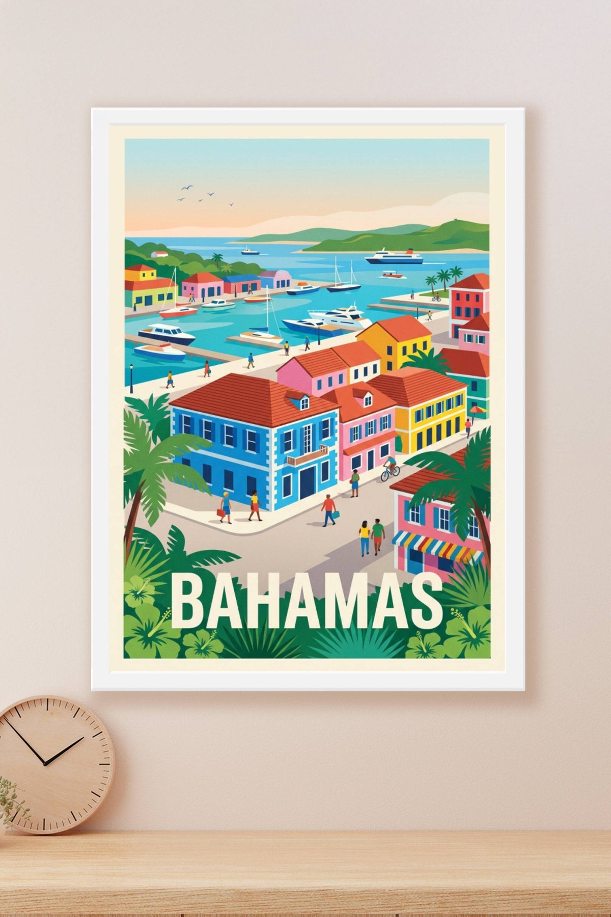 Affiche des Bahamas, maisons colorées et port