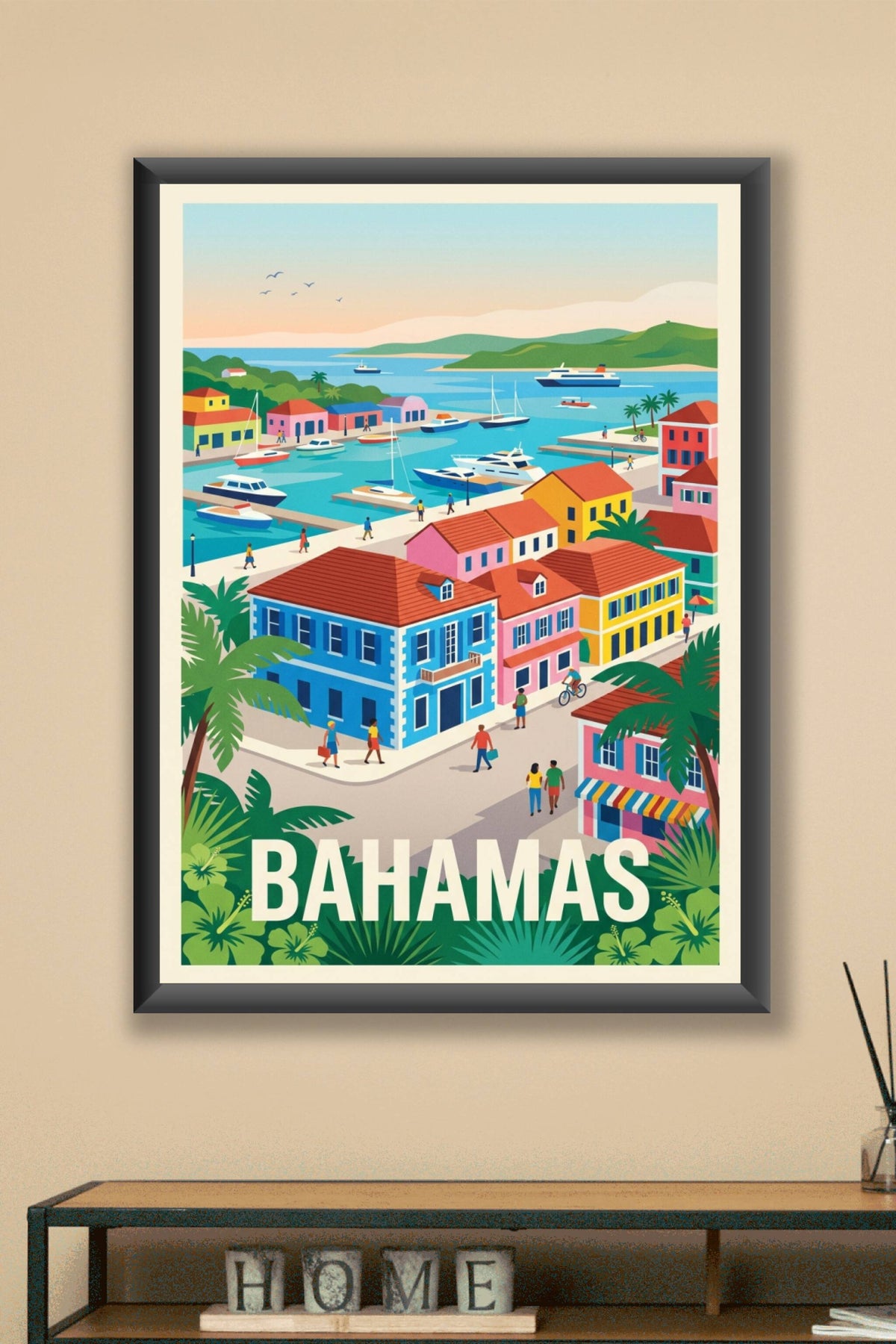 Affiche des Bahamas, maisons colorées et port