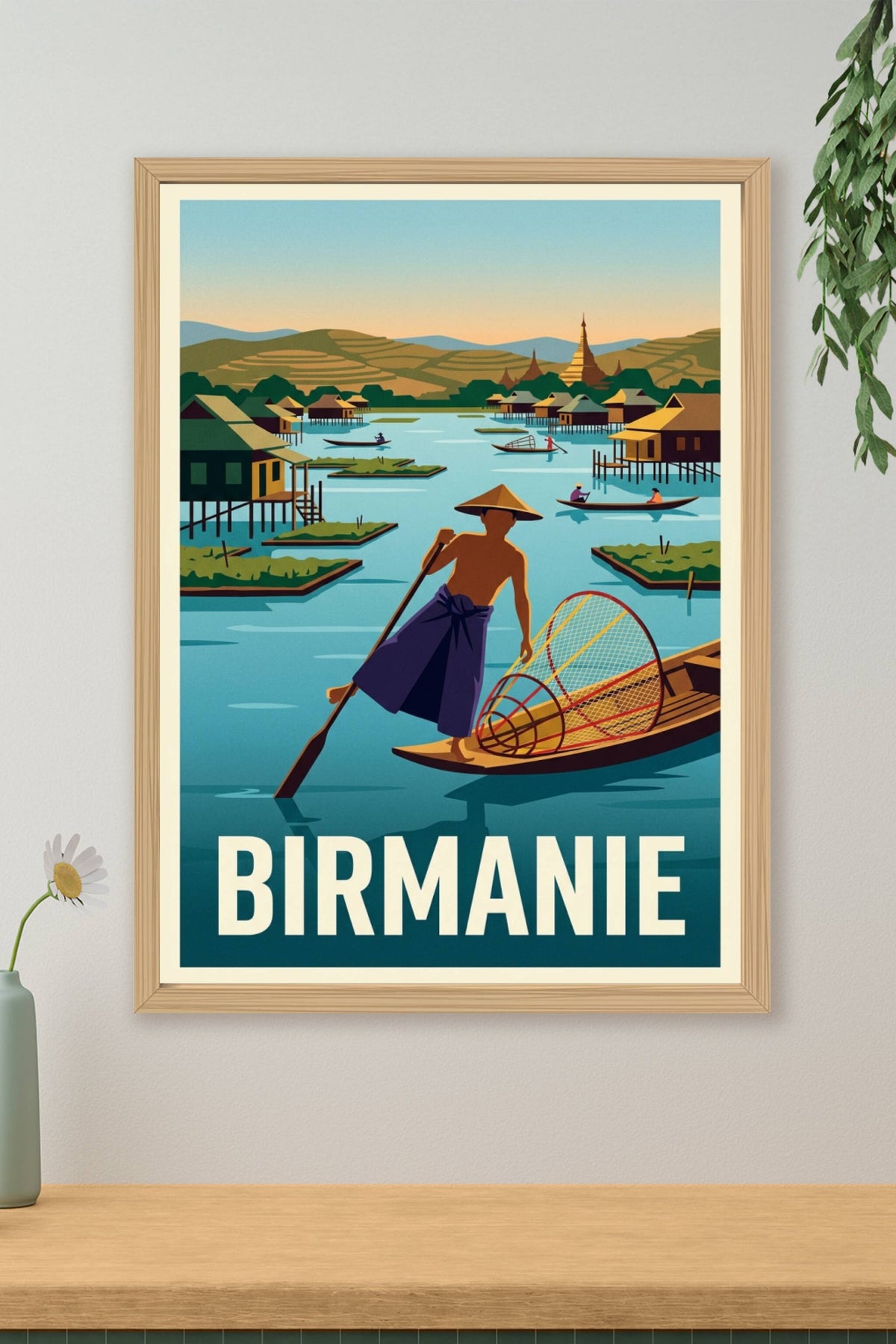 Affiche Birmanie, poster lac Inle et maisons sur pilotis