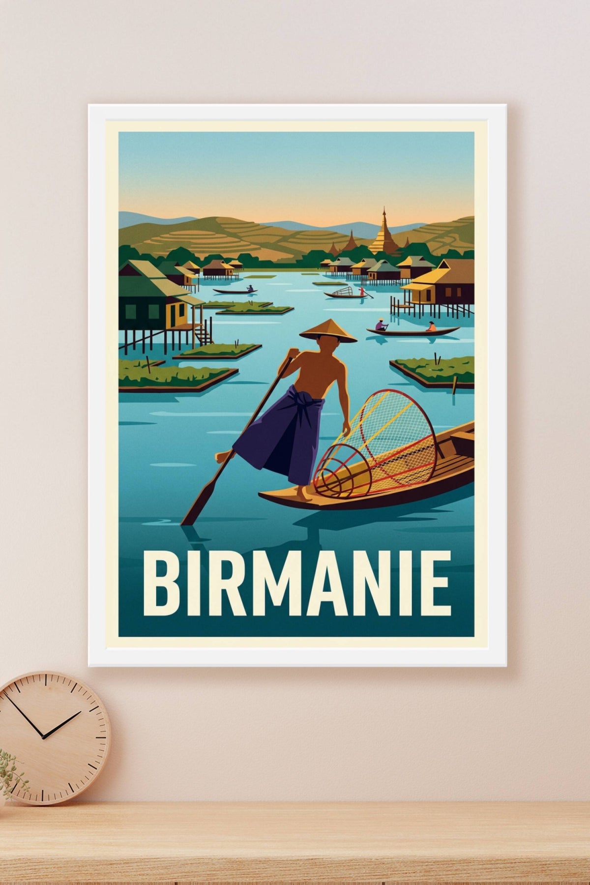 Affiche Birmanie, poster lac Inle et maisons sur pilotis