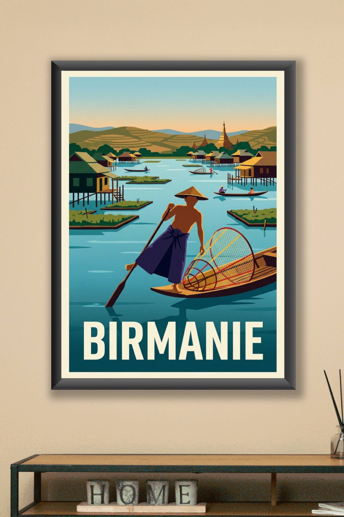 Affiche Birmanie, poster lac Inle et maisons sur pilotis