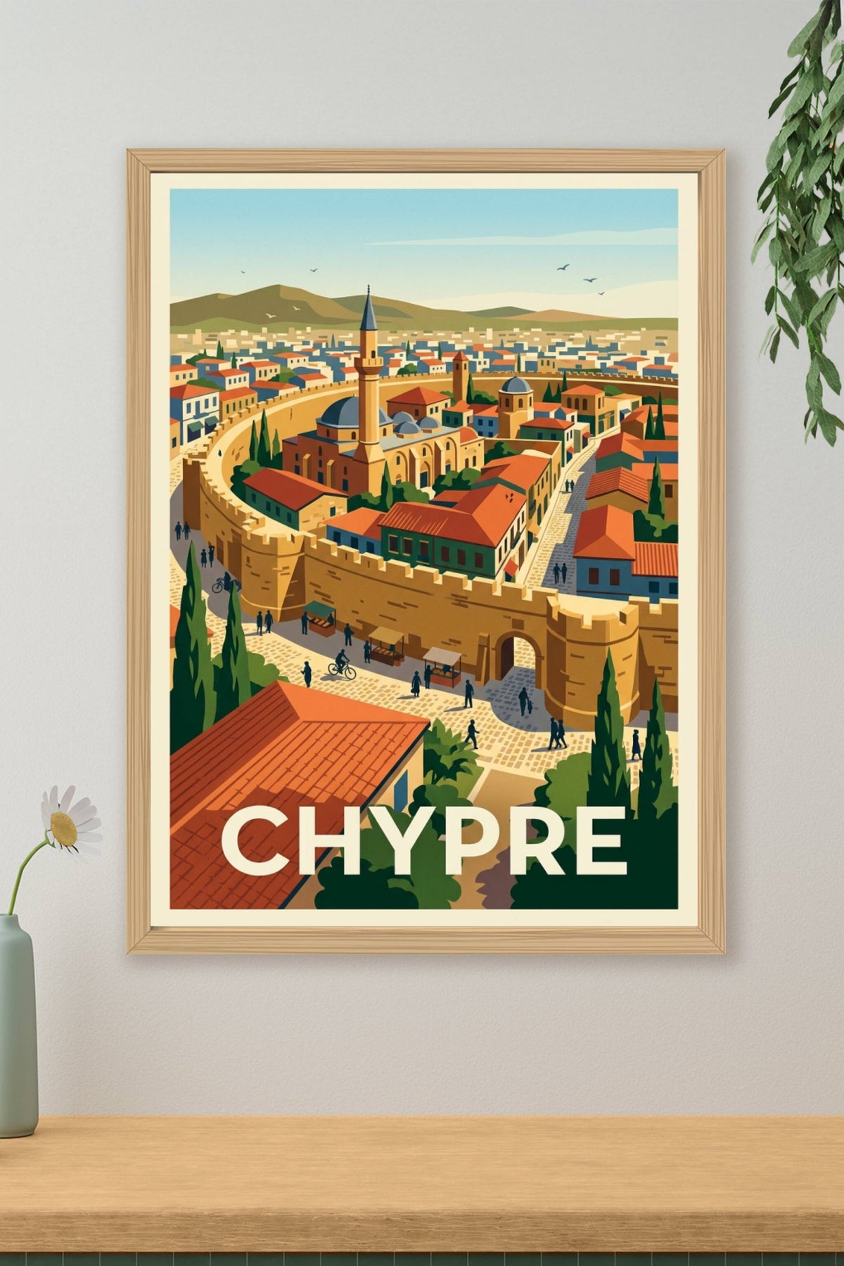 Affiche de Chypre, ville fortifiée et minaret