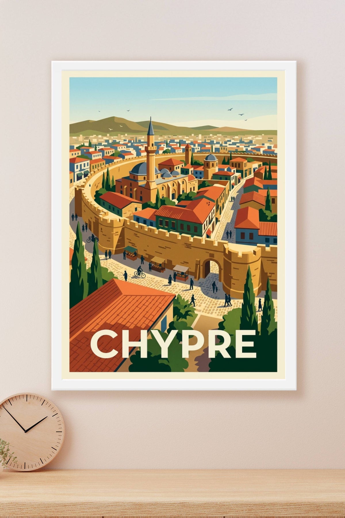 Affiche de Chypre, ville fortifiée et minaret