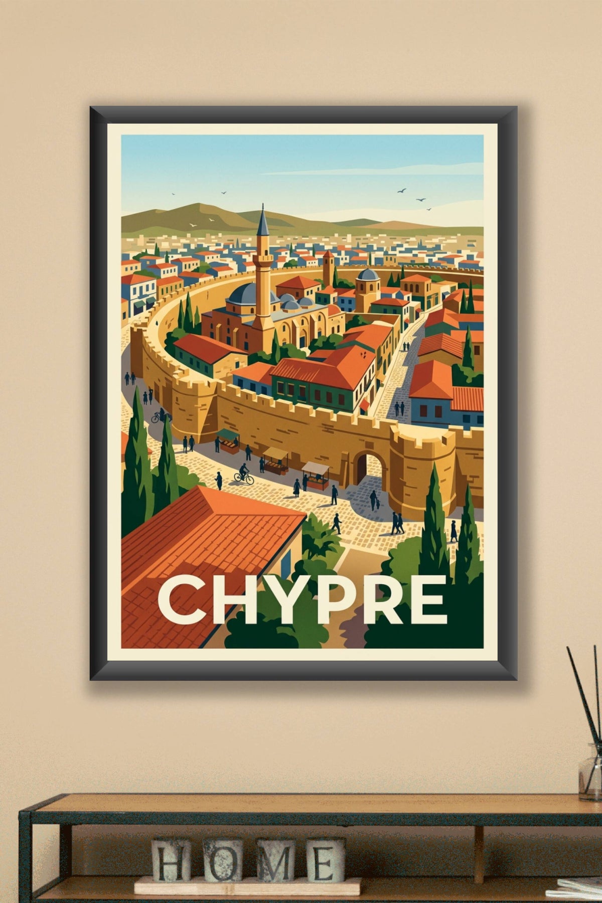 Affiche de Chypre, ville fortifiée et minaret