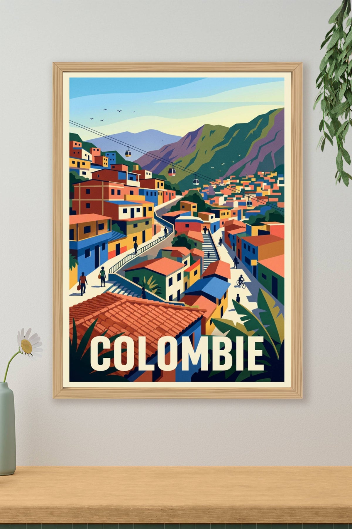Affiche de Colombie, téléphérique et maisons