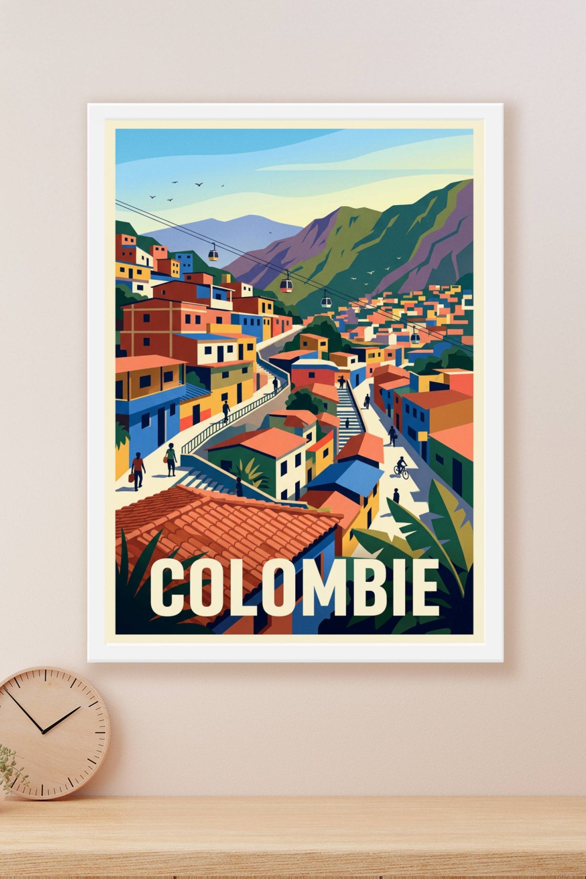 Affiche de Colombie, téléphérique et maisons