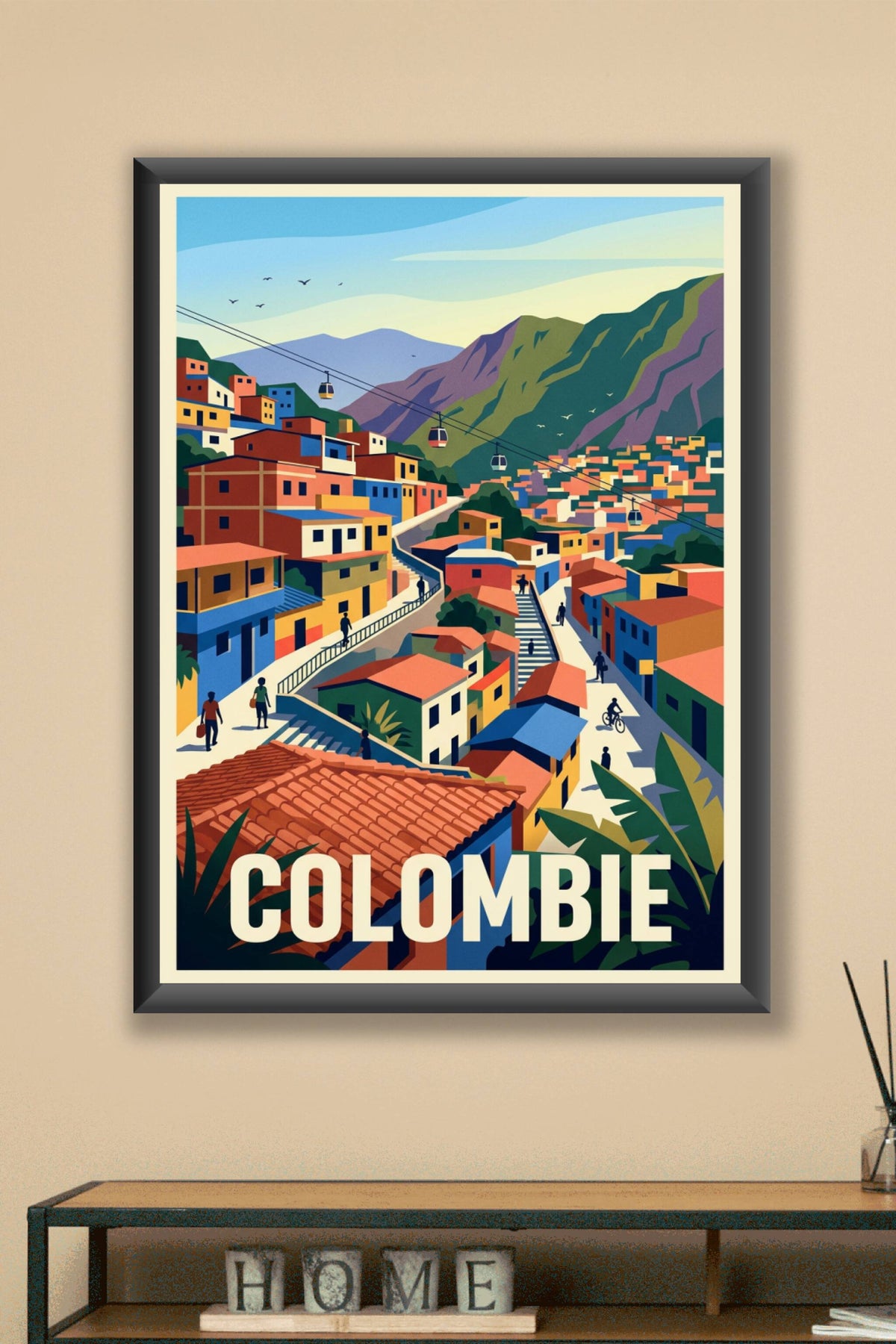 Affiche de Colombie, téléphérique et maisons