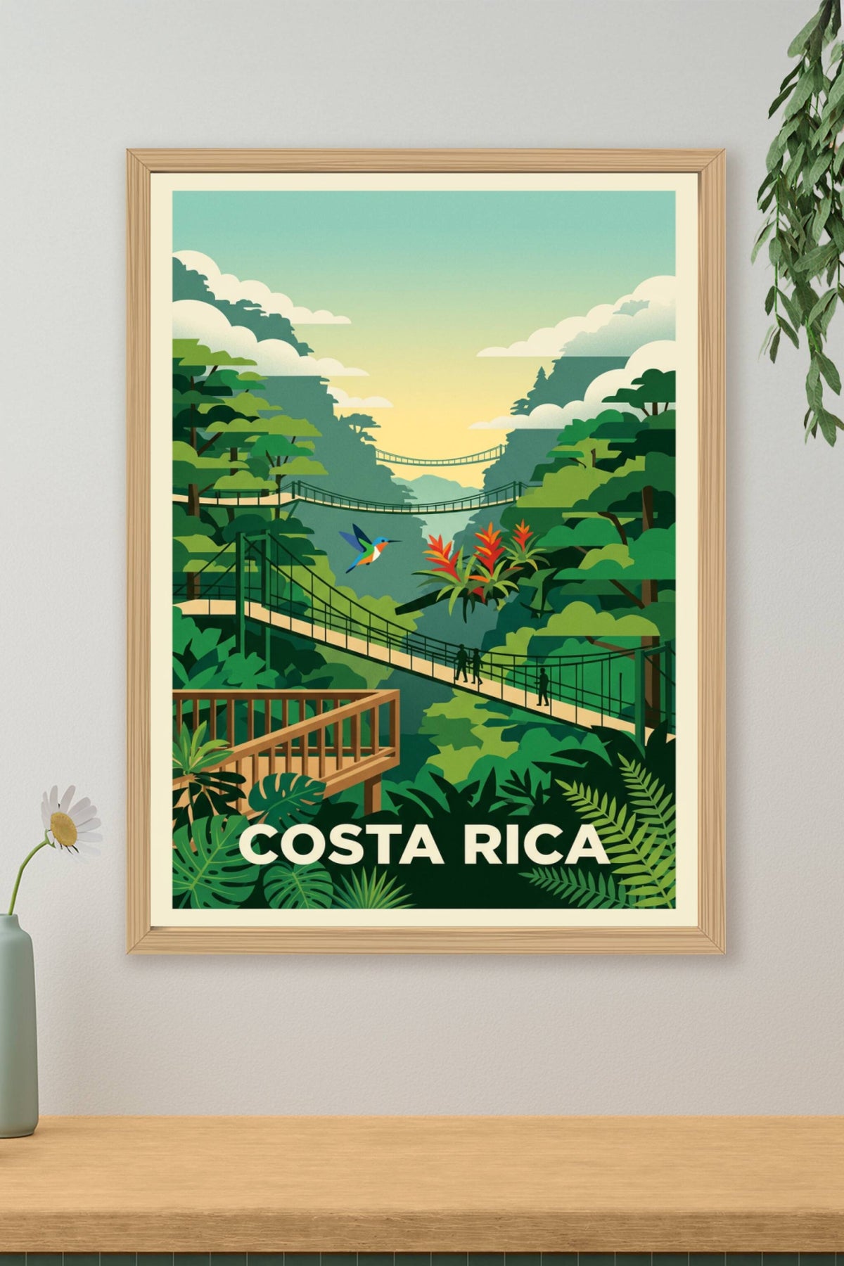 Affiche du Costa Rica, ponts suspendus et colibri