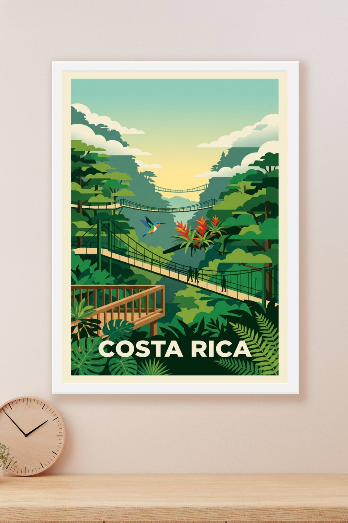 Affiche du Costa Rica, ponts suspendus et colibri
