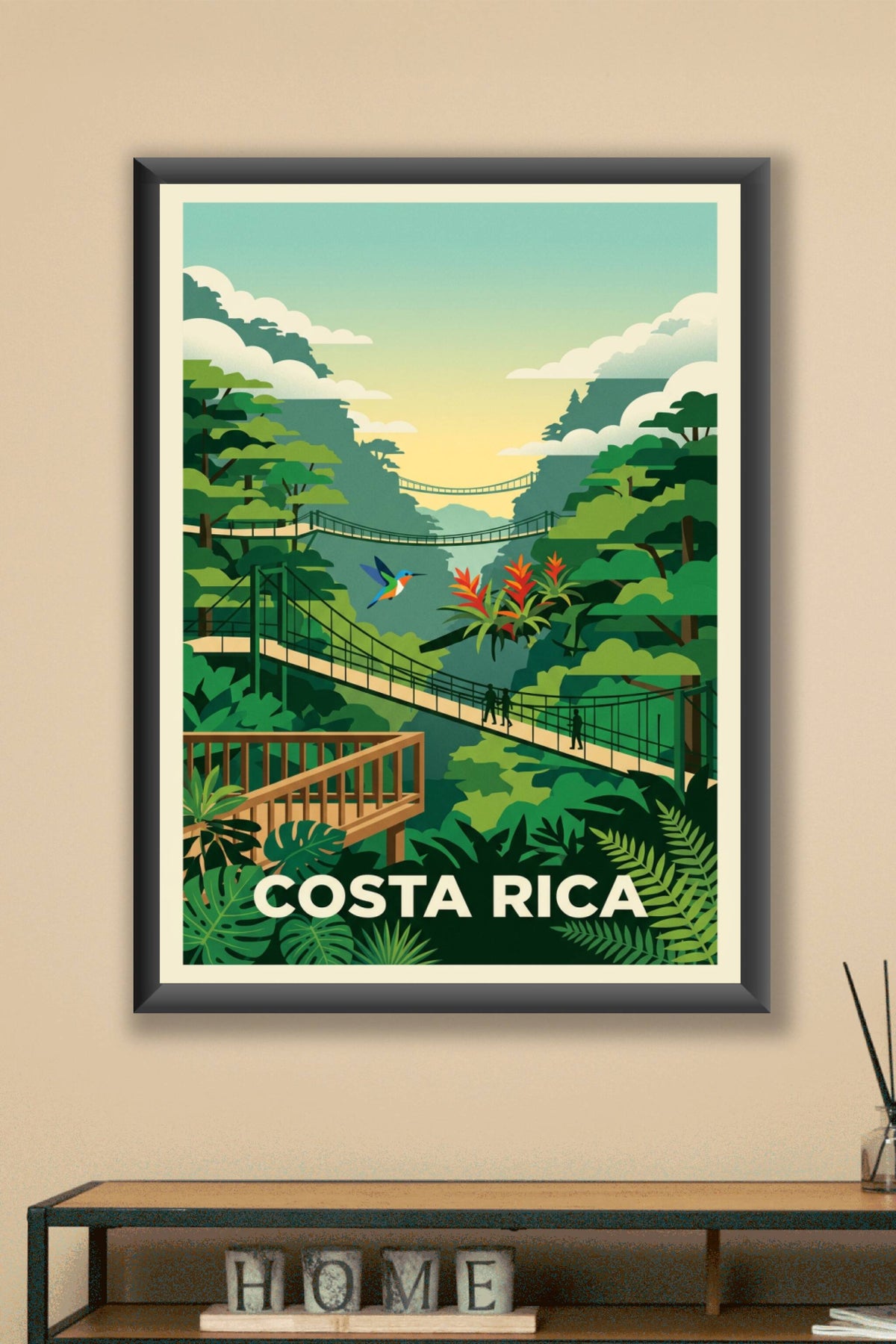 Affiche du Costa Rica, ponts suspendus et colibri