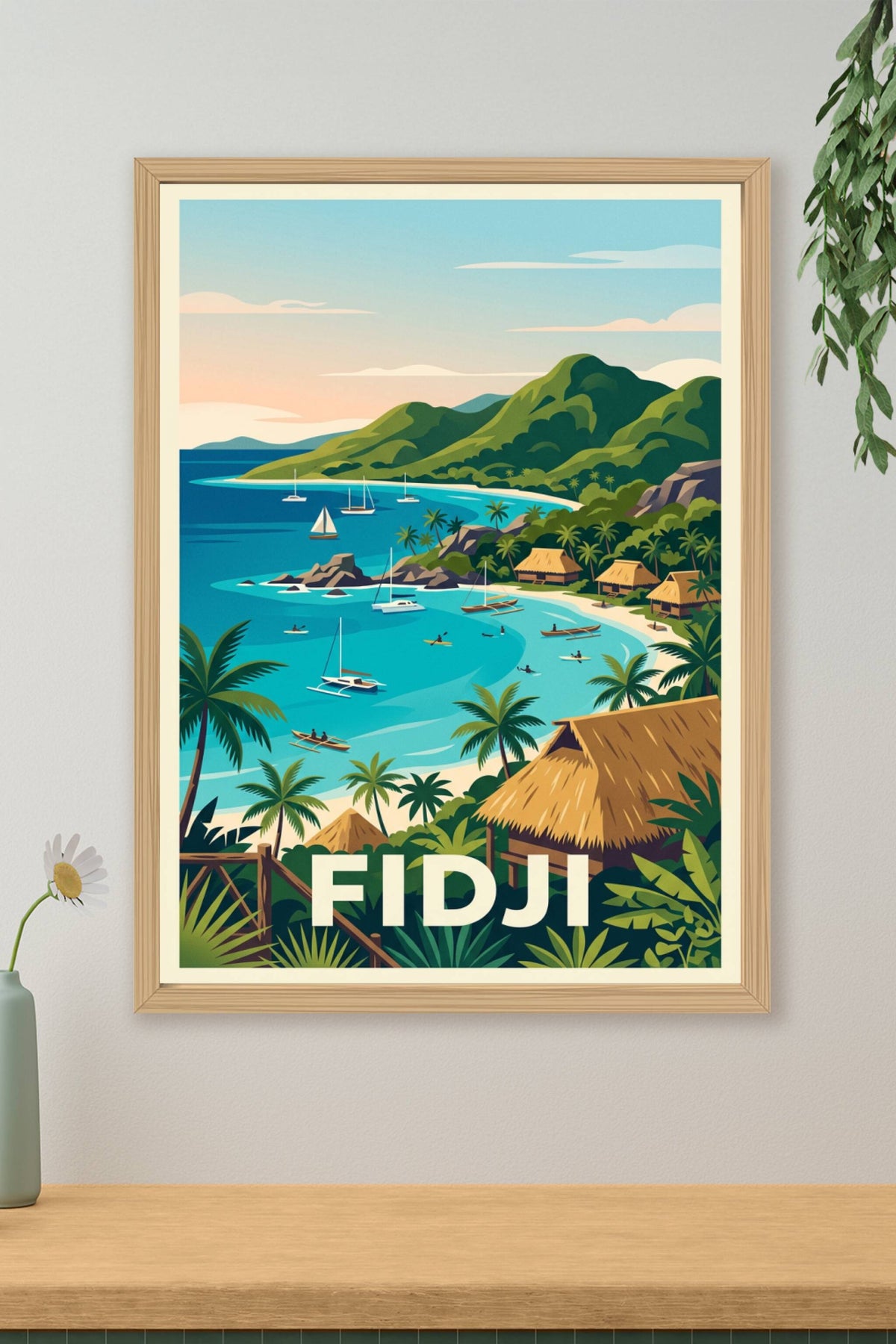 Poster des Fidji, paysage de bungalows et mer