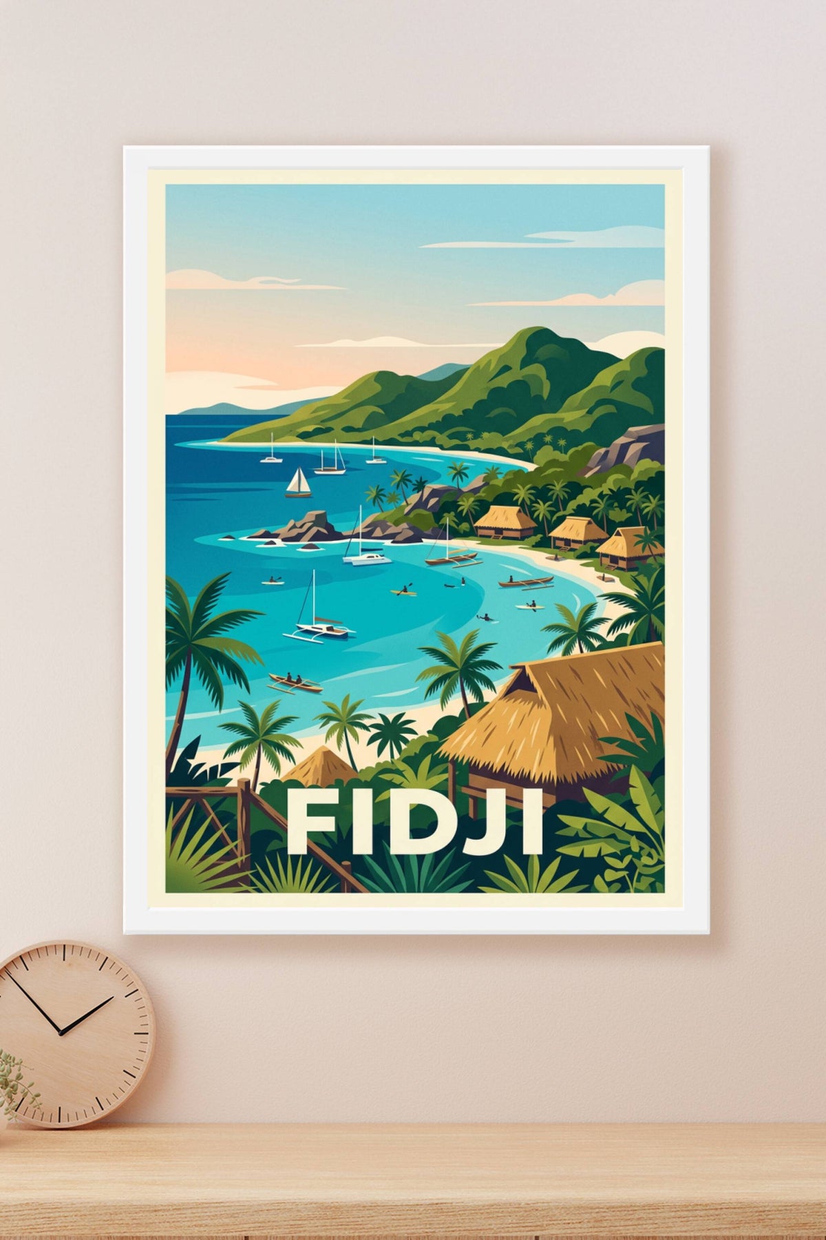 Poster des Fidji, paysage de bungalows et mer