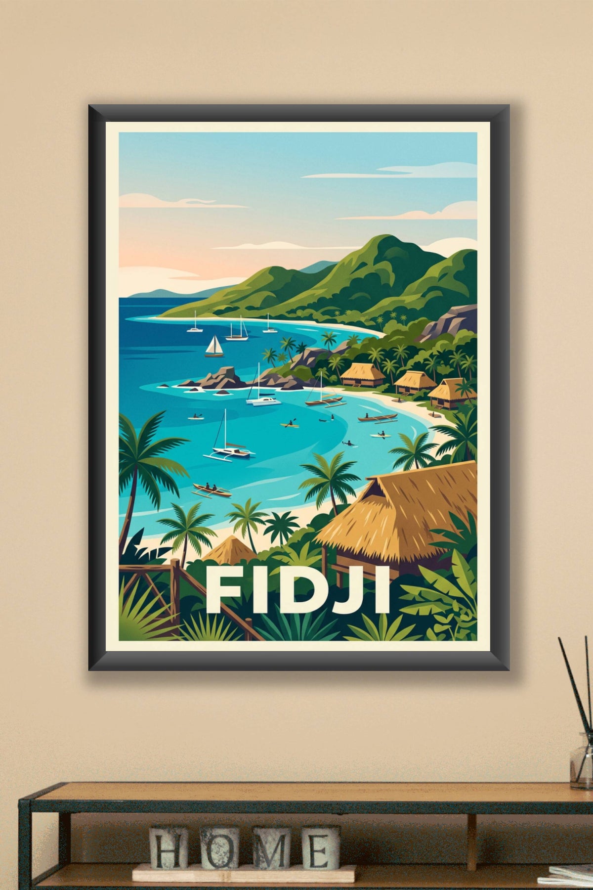 Poster des Fidji, paysage de bungalows et mer