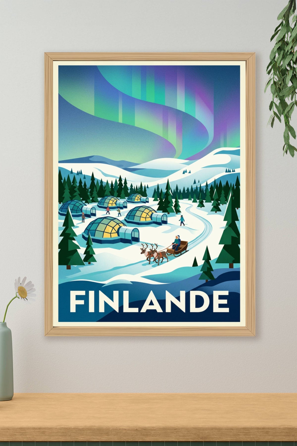 Affiche de Finlande, aurore boréale et igloos