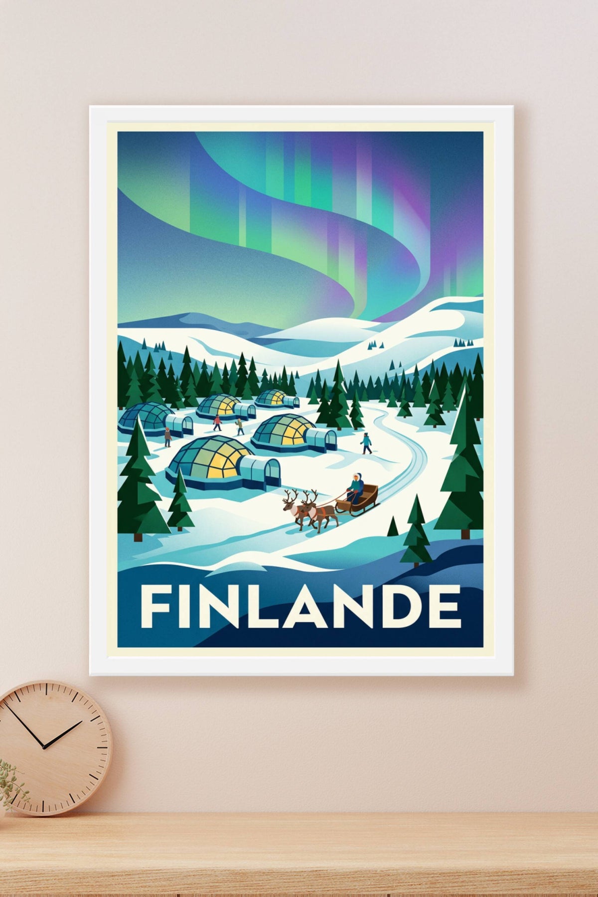 Affiche de Finlande, aurore boréale et igloos