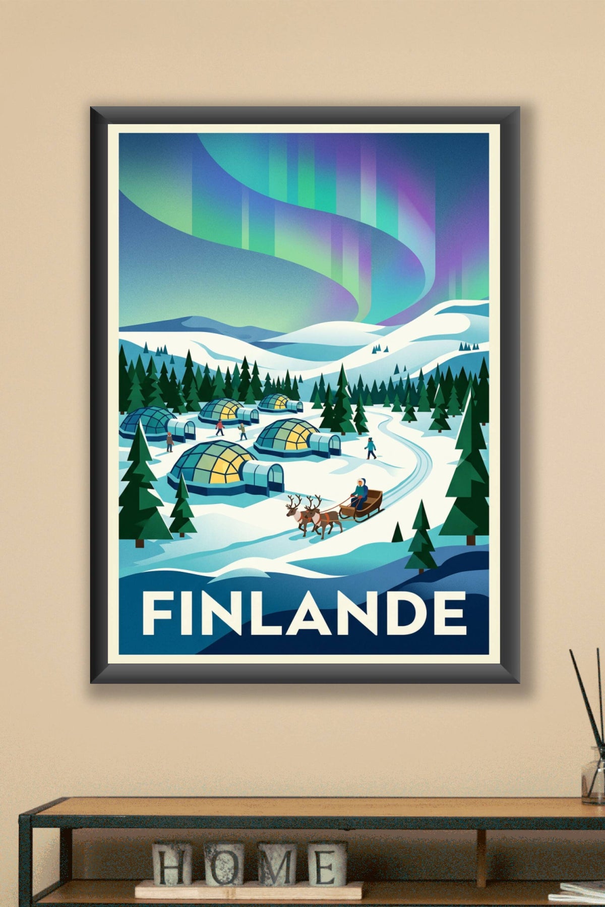 Affiche de Finlande, aurore boréale et igloos