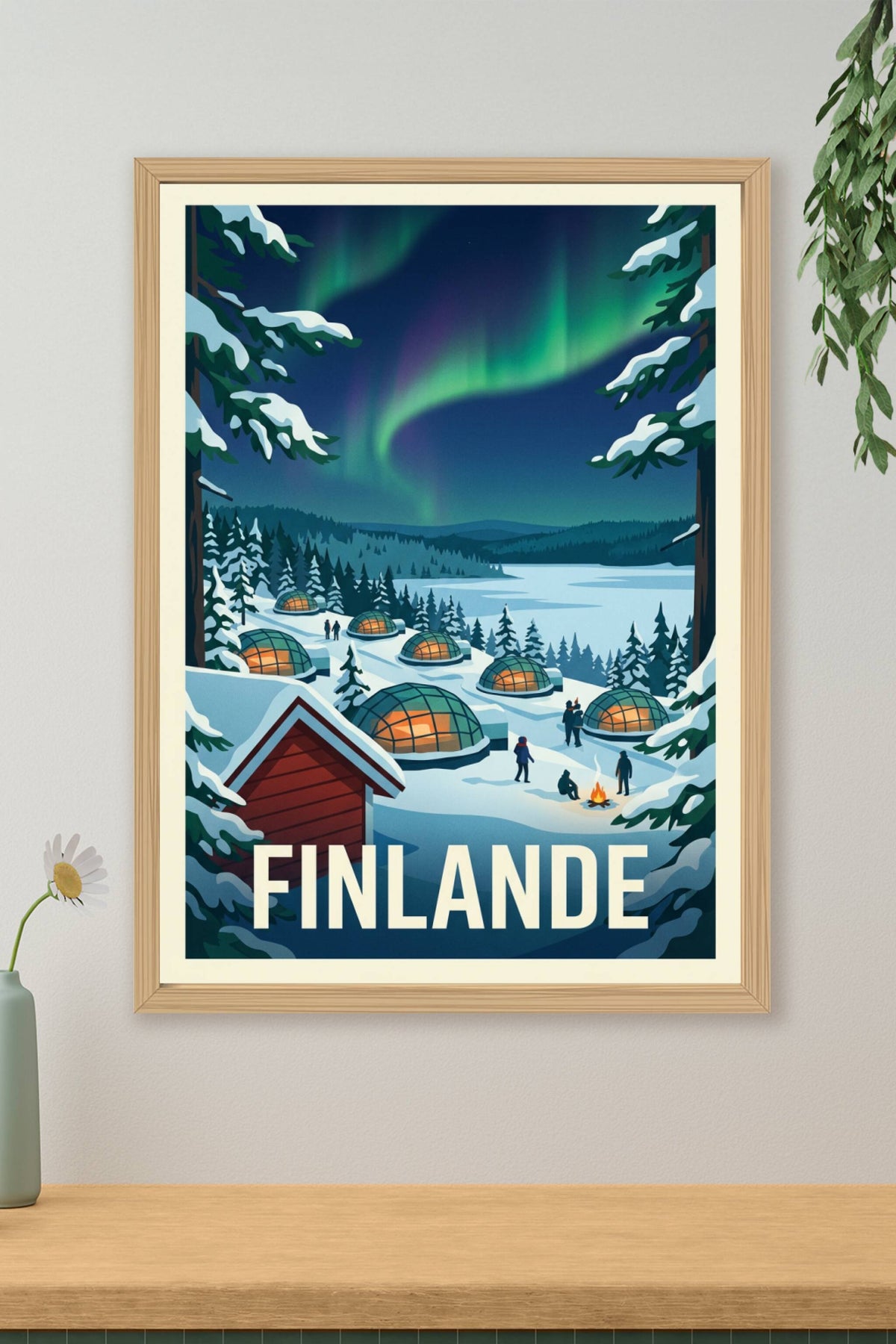 Affiche de Finlande, aurore boréale et igloos