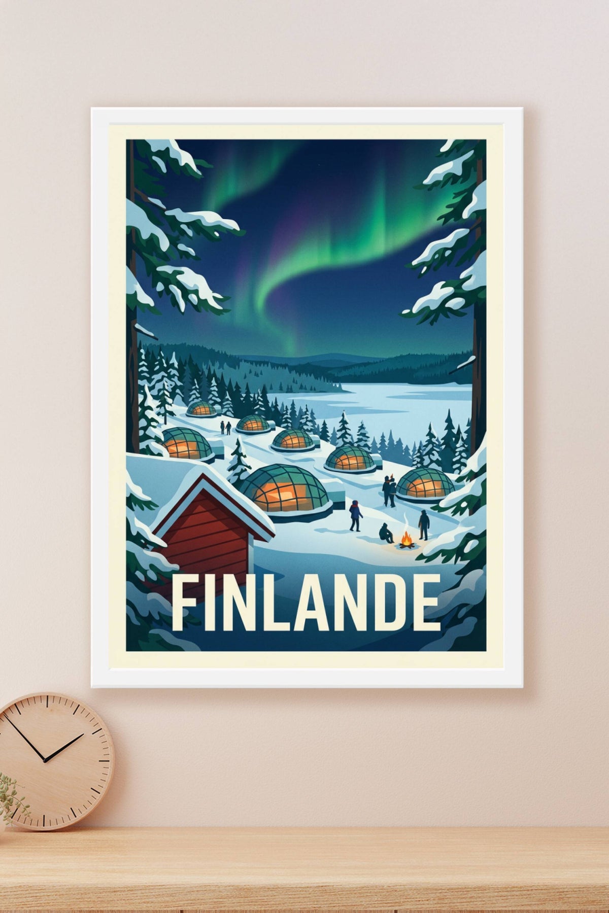 Affiche de Finlande, aurore boréale et igloos