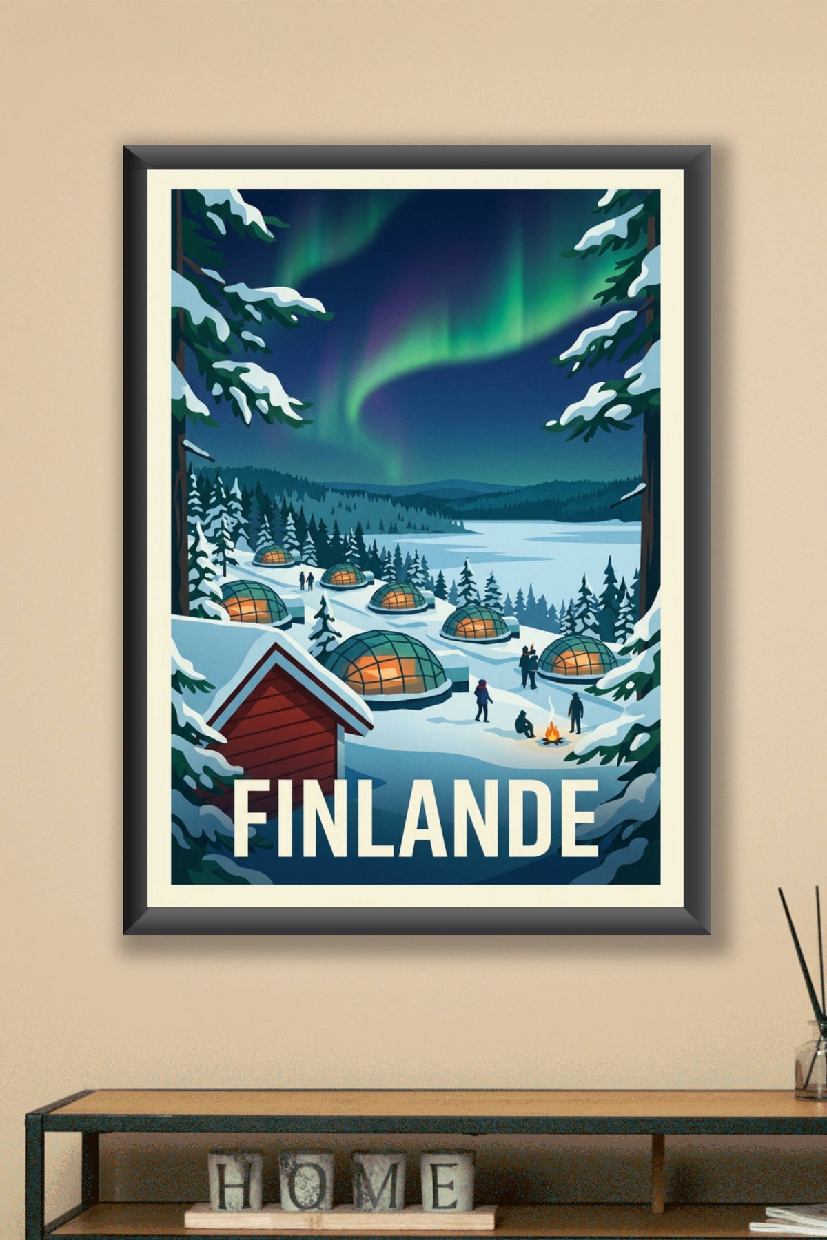 Affiche de Finlande, aurore boréale et igloos